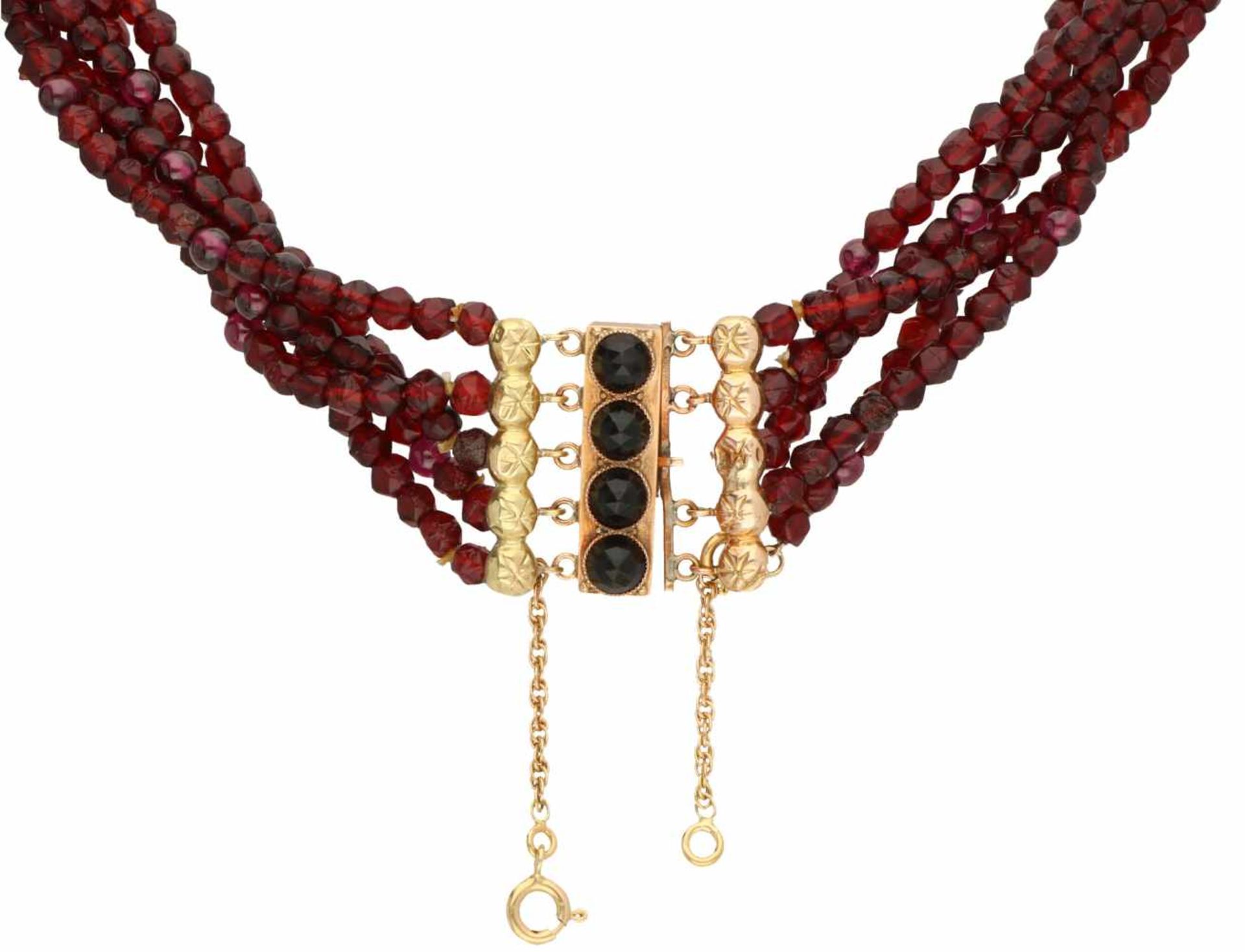 Necklace with bicolour gold closure, glass granate - 14 ct.