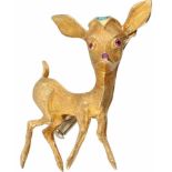 Deer shaped brooch yellow gold, ruby and turquoise - 18 ct.