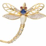 Pendant / brooch dragon fly yellow gold, ca. 0.12 carat diamond, sapphire, ruby and moonstone - 18