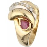 Ring yellow gold, ca. 0.05 carat diamond and ruby - 18 ct.