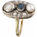 Ring yellow gold, diamond, sapphire and pearl - 14 ct. and 925/1000.