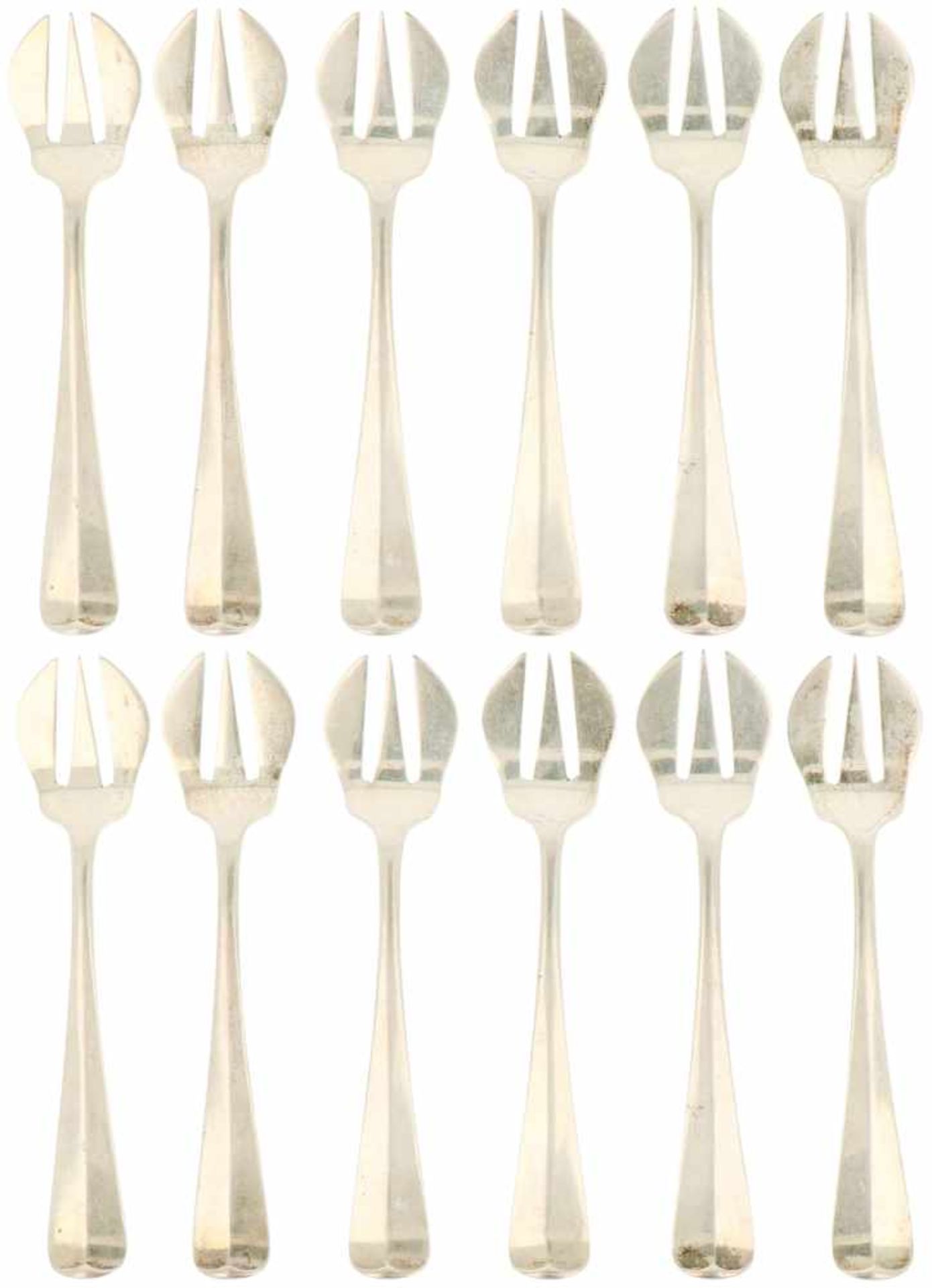 (12) Piece set of silver oyster forks.