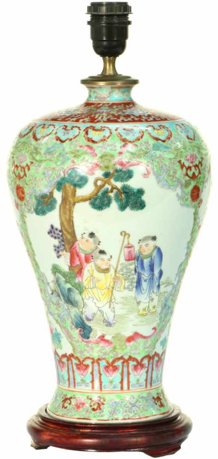 A porcelain lamp base decorated with Famille Rose décor. China, 20th century. <