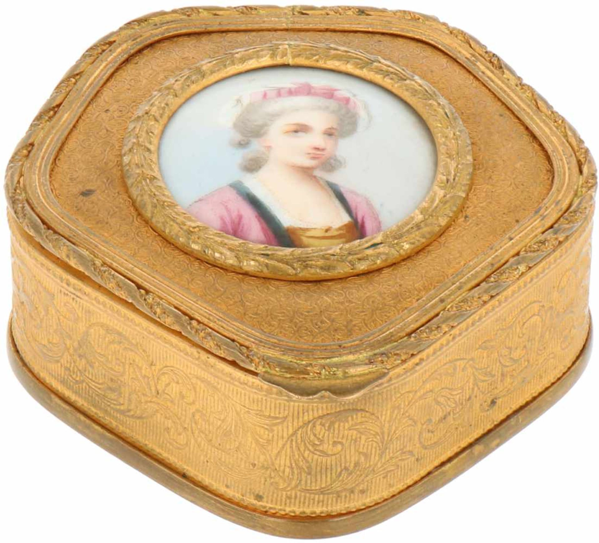 A gilt jewellery case with Limoges portrait. France, ca. 1900.