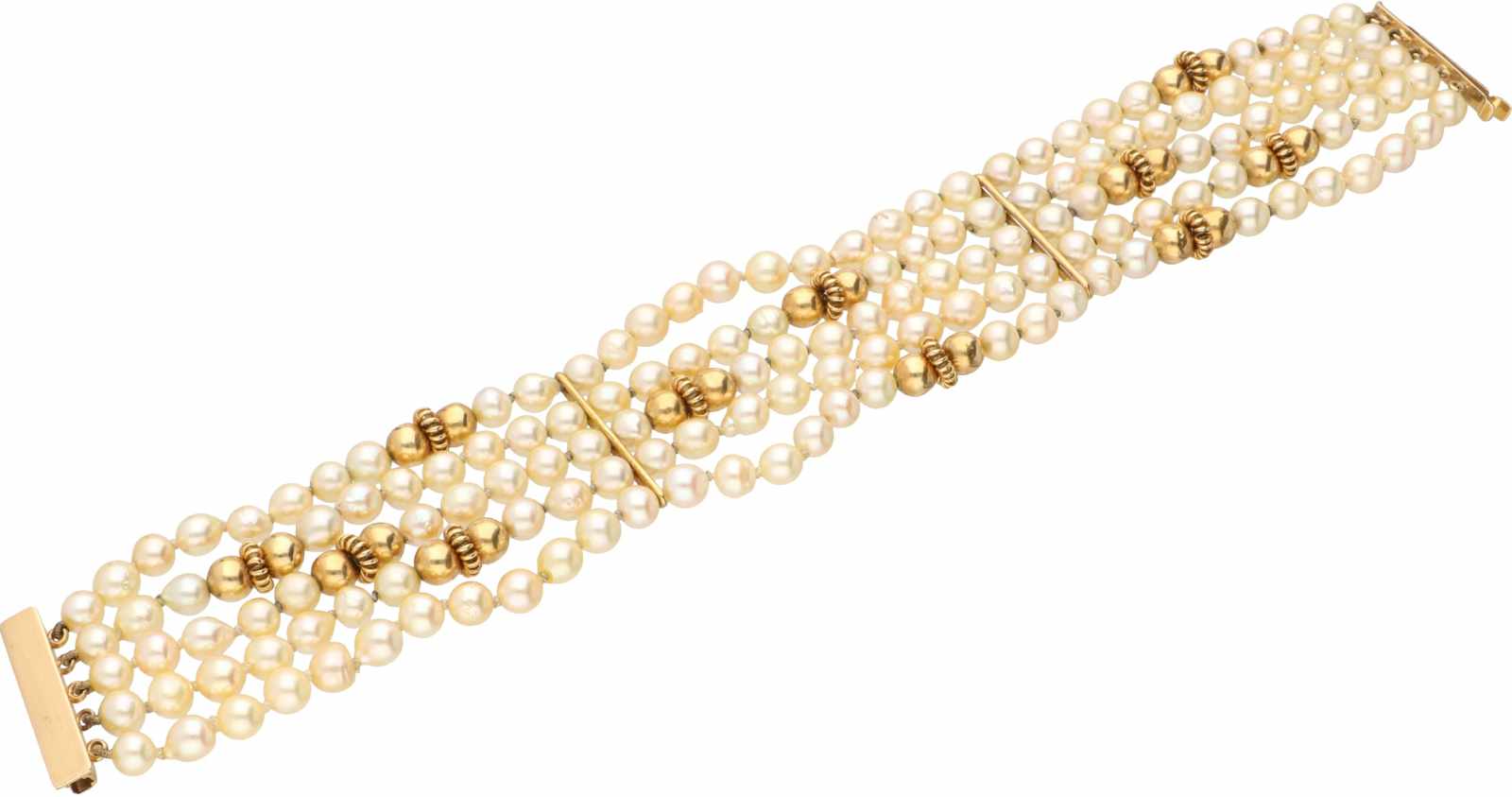 Bracelet met yellow gold with closure and segments, cultured pearl - 18 ct. - Image 2 of 2