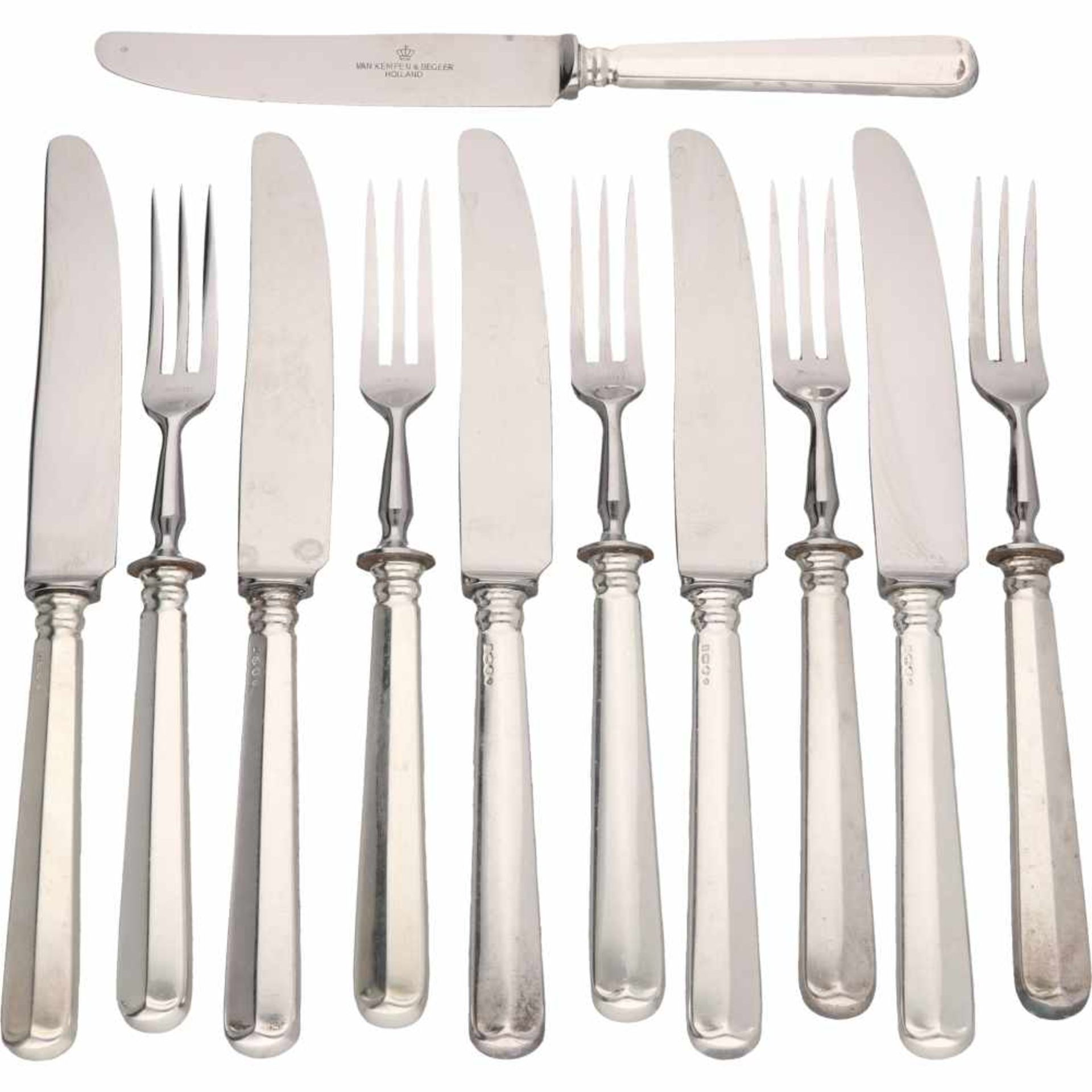 (11) Piece set of silver 'Haags Lofje' fruitknives and -forks.