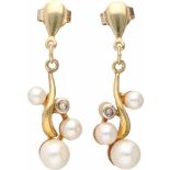 Earrings yellow gold, ca. 0.01 carat diamond and cultured pearl - 18 ct.