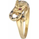 Ring yellow gold, ca. 0.04 carat diamond, sapphire, ruby and emerald - 18 ct.