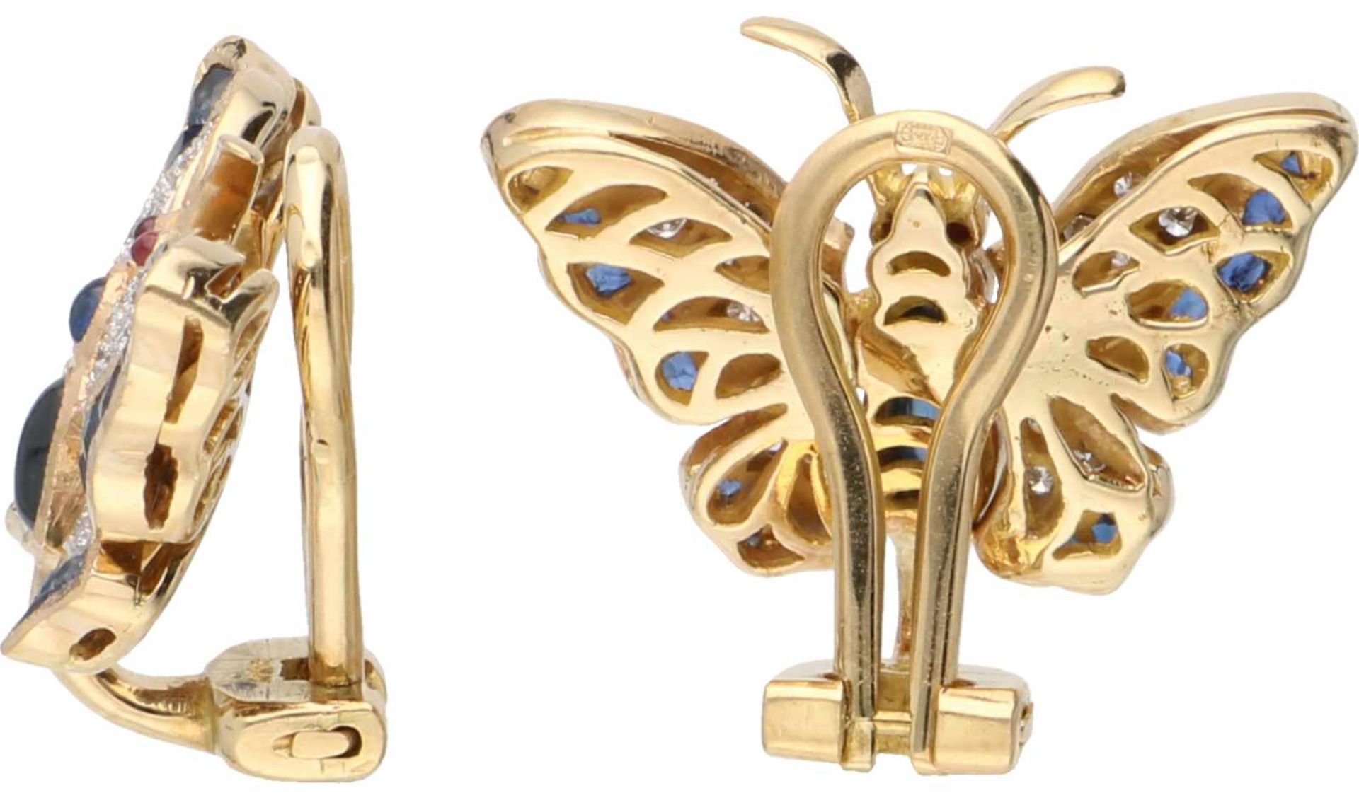 Flexibel butterfly earrings yellow gold, ca. 0.20 carat diamond, sapphire and ruby - 14 ct. - Bild 2 aus 2