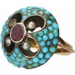 Victorian ring yellow gold, pink tourmaline, turquoise and pearl - 18 ct.