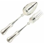 Silver set of salad serving fork and spoon.