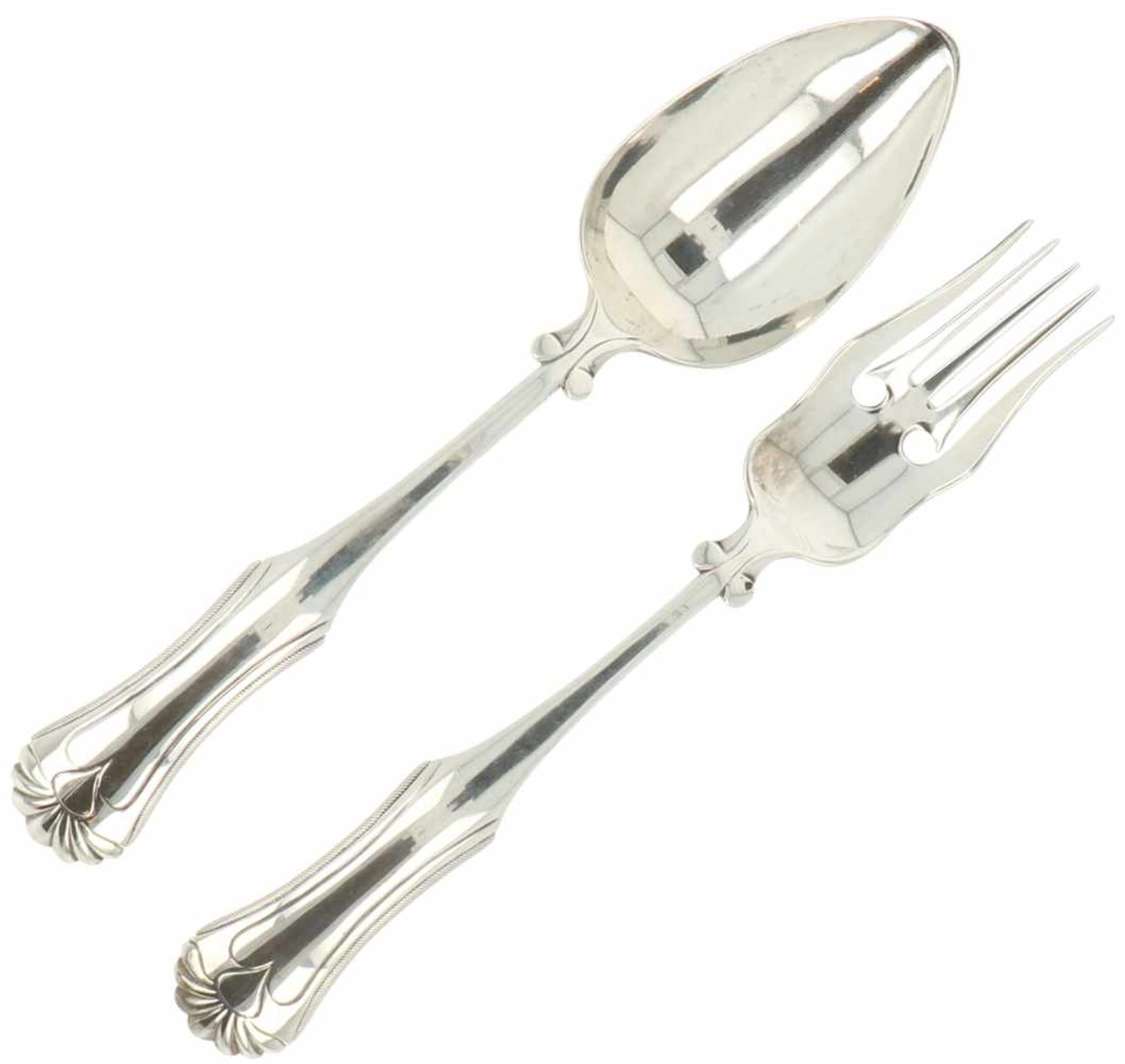 Silver set of salad serving fork and spoon.