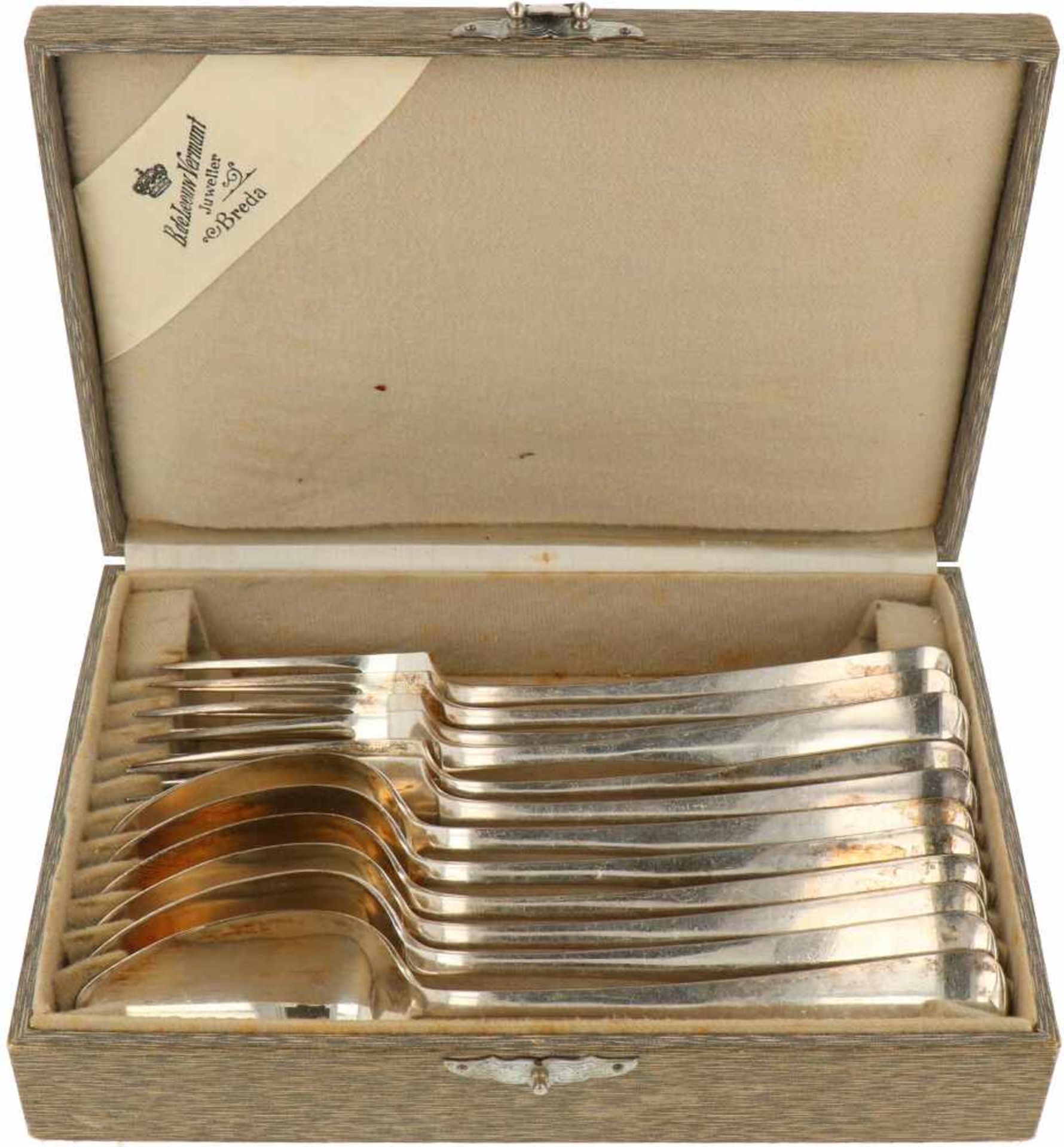 (12) Delige set diner lepels & vorken 'HAAGS LOFJE' zilver.Model "HAAGS LOFJE" in originele etui. - Bild 2 aus 8