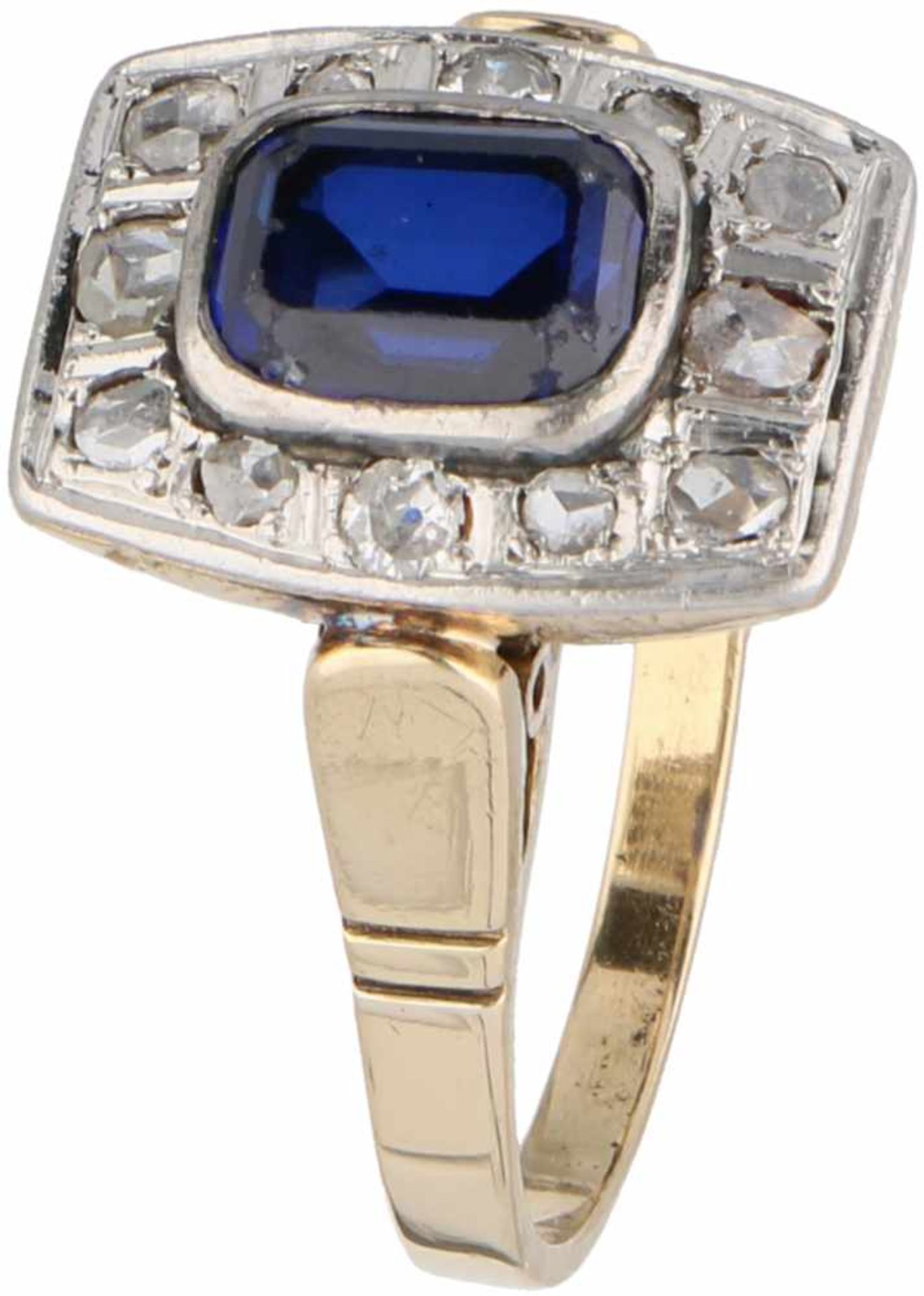 Geelgouden entourage ring, ca. 0.10 ct. diamant en saffier - 18 kt.10 Roos geslepen diamanten (10x