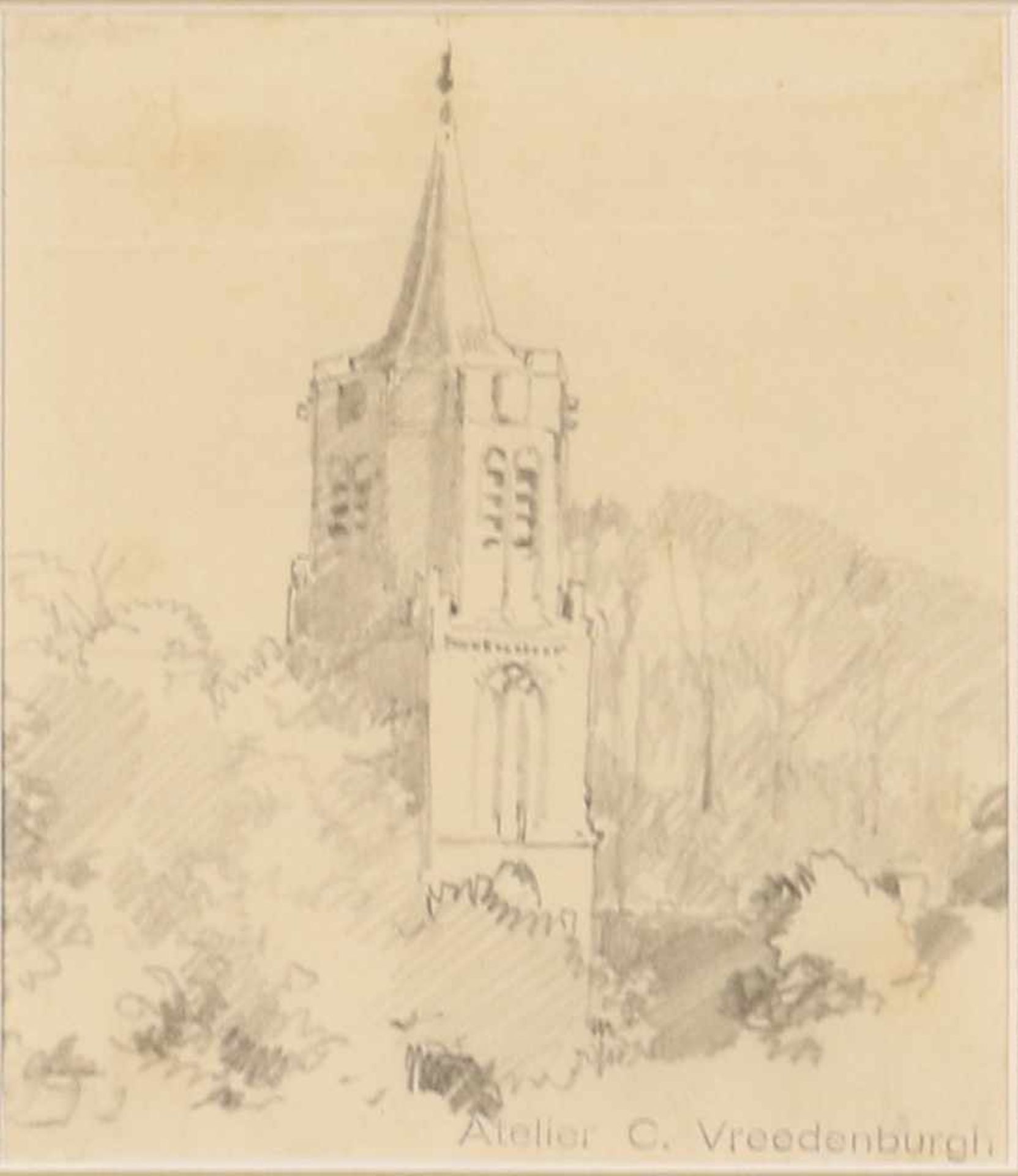 Cornelis Vreedenburgh (Woerden 1880 - 1946 Laren).Een kerktoren te Laren - een schets. Potlood op - Bild 2 aus 3