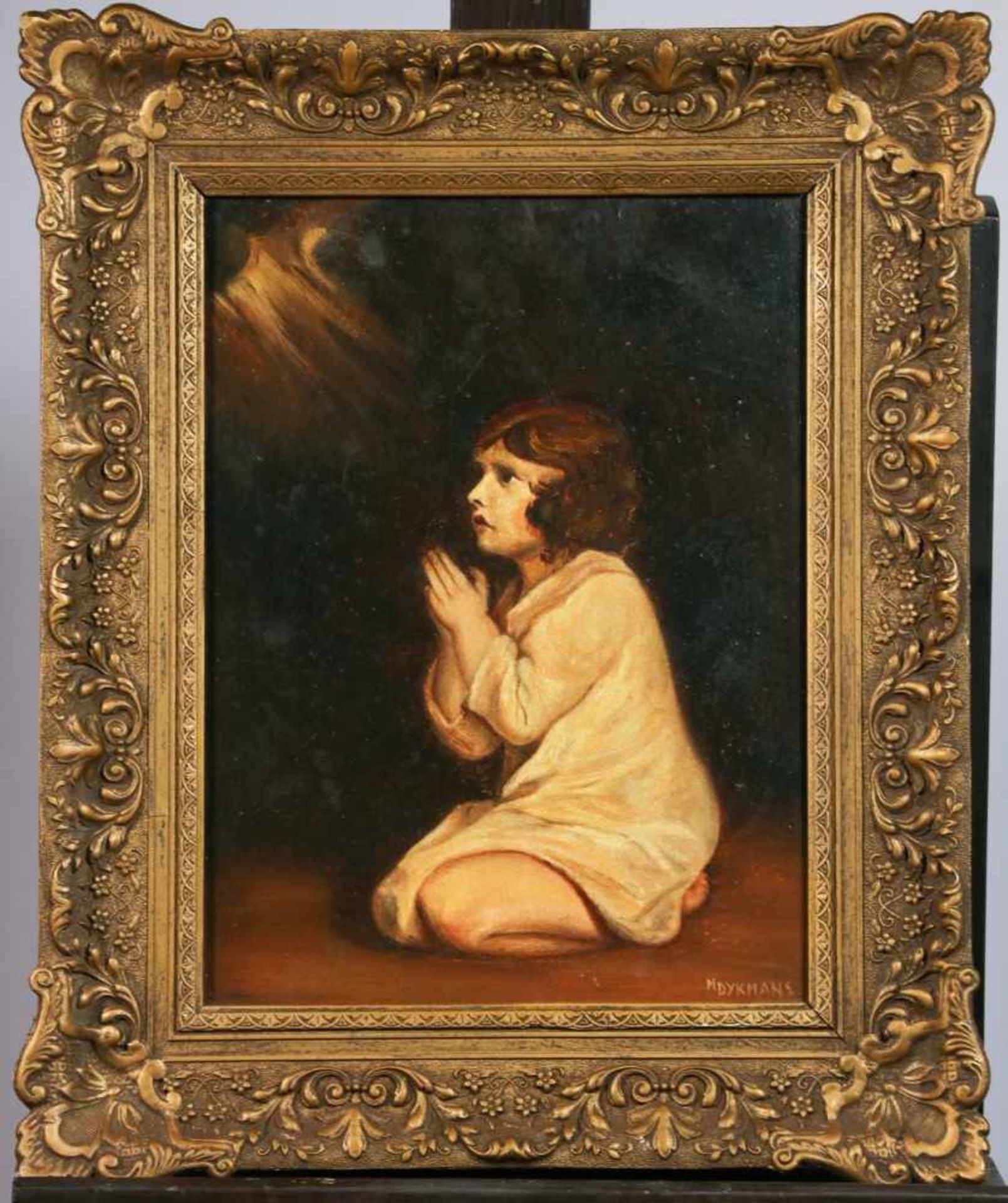 M. Dijkmans, 20e eeuw. Een biddend meisje, gesigneerd (rechtsonder), olieverf op board. Afm. 40 x 30 - Bild 2 aus 4
