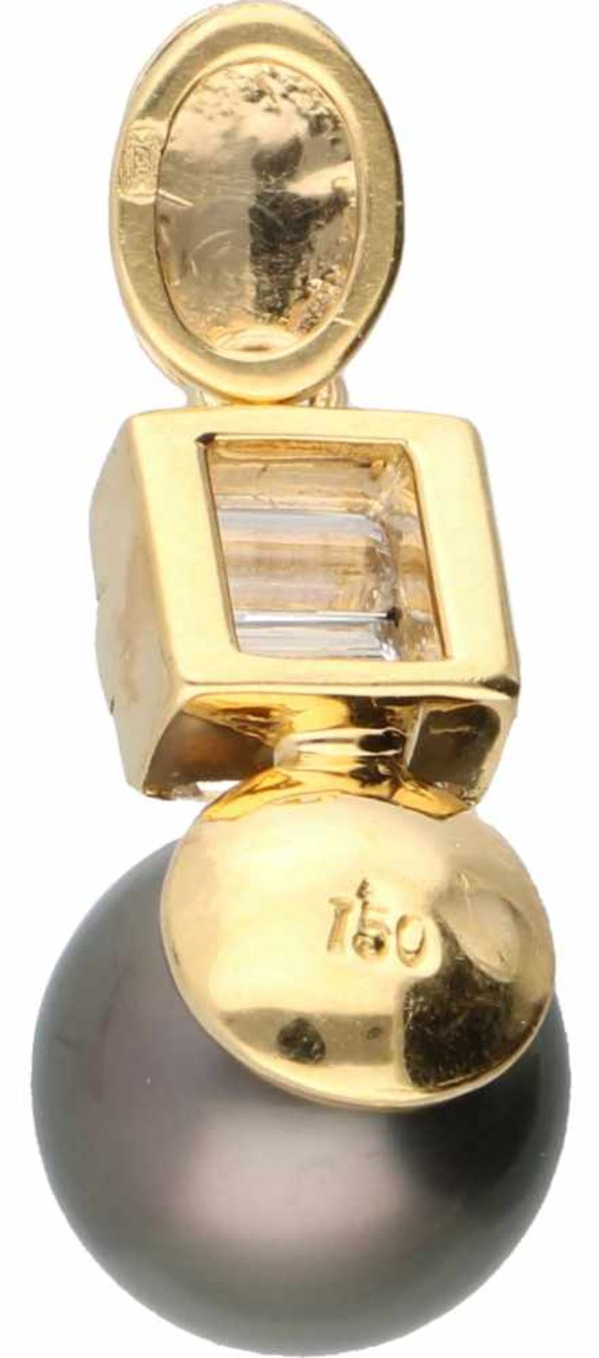 Geelgouden hanger, ca. 0.36 ct. diamant en Tahiti parel - 18 kt.3 Baquette geslepen diamanten (ca. - Bild 2 aus 2