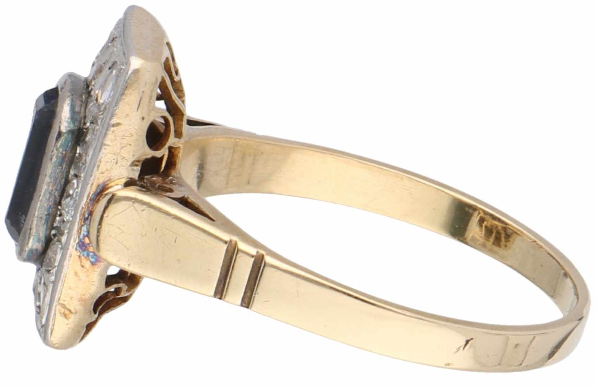 Geelgouden entourage ring, ca. 0.10 ct. diamant en saffier - 18 kt.10 Roos geslepen diamanten (10x - Bild 2 aus 3