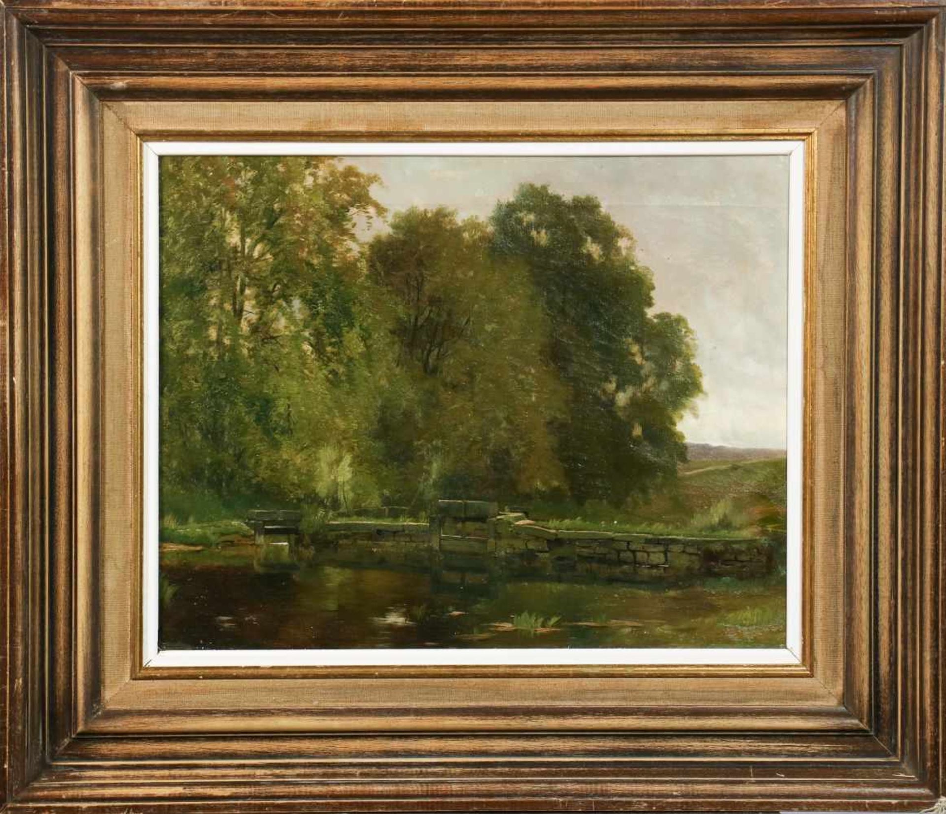 Hollandse School, ca. 1900. Sluisjes in een landschap, olieverf op doek. Afm. 39 x 50 cm. - Bild 2 aus 3