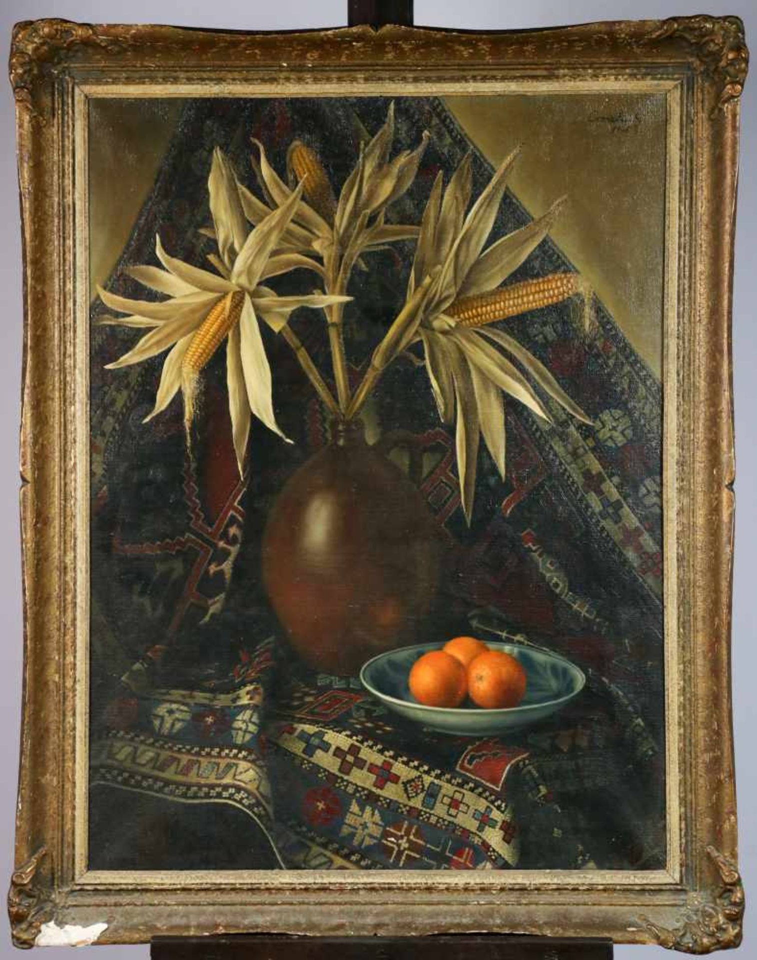 Cornelius Bakker, 20e eeuw. Een stilleven van maïspluimen en sinaasappels, gesigneerd en - Bild 2 aus 4