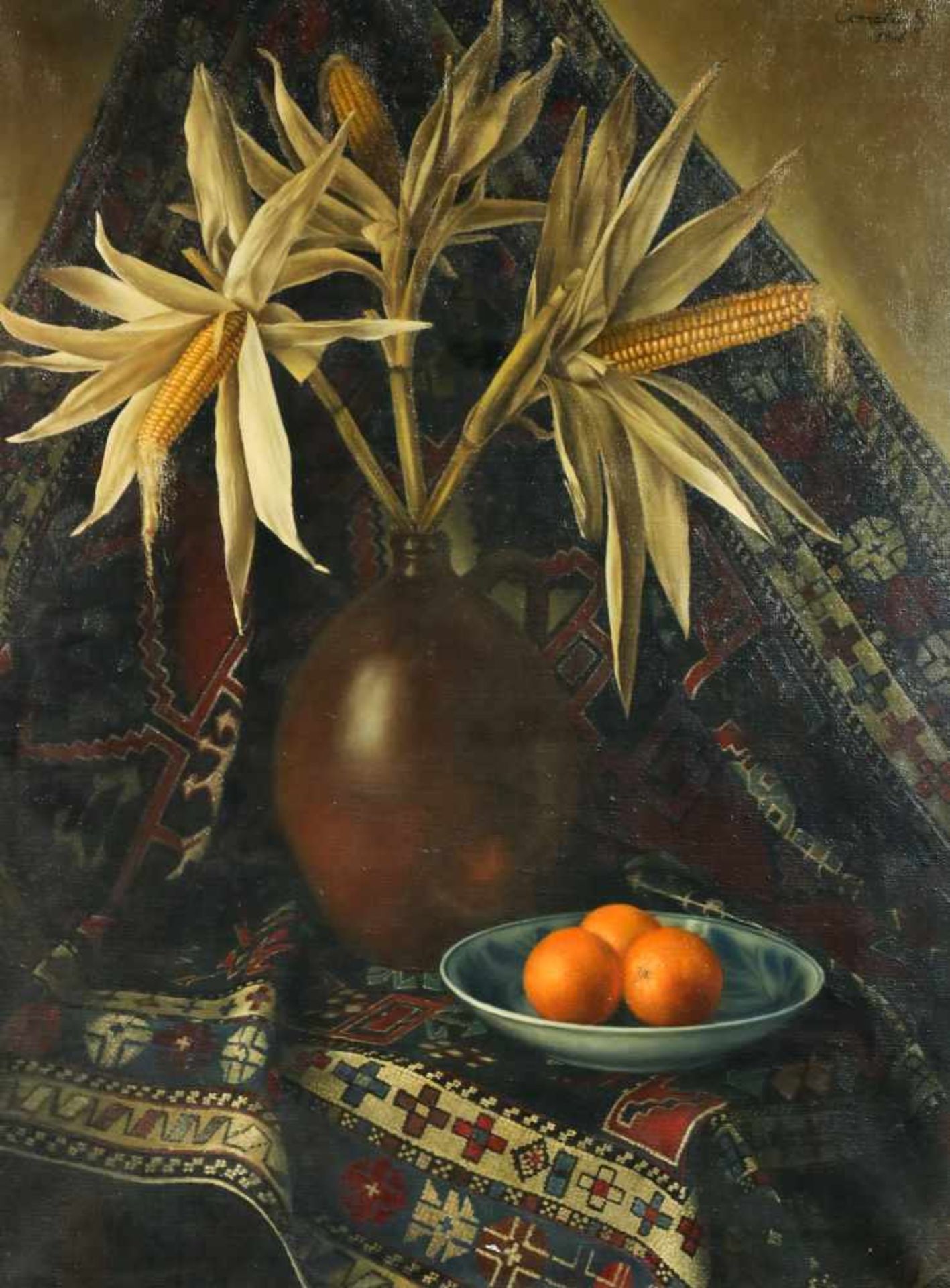 Cornelius Bakker, 20e eeuw. Een stilleven van maïspluimen en sinaasappels, gesigneerd en