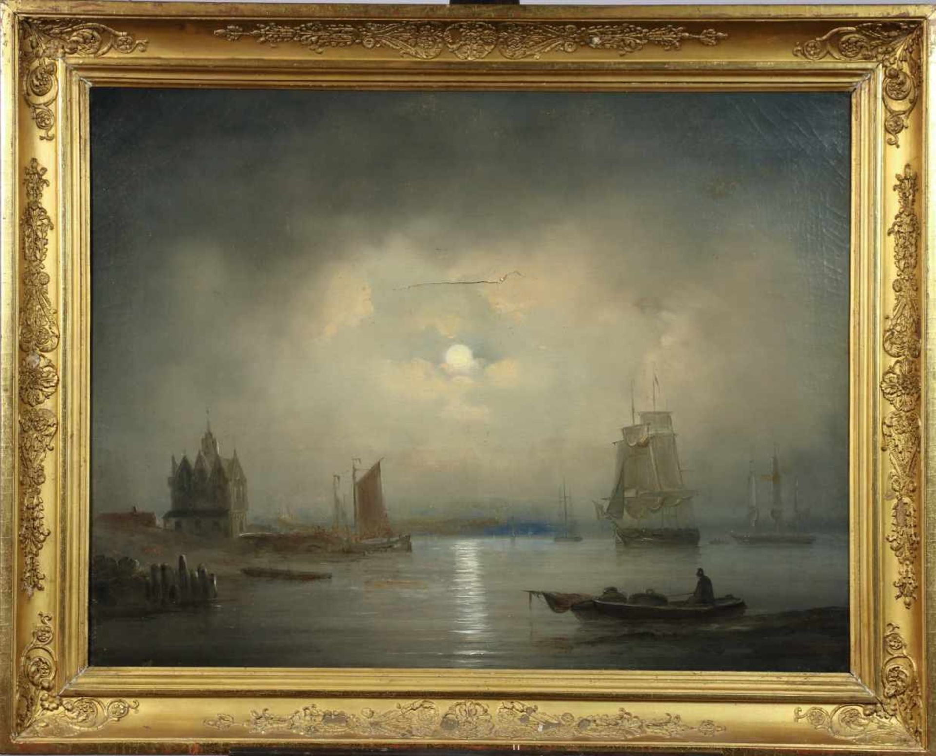 Hollandse School, 20e eeuw. Een havengezicht bij maanlicht, olieverf op doek. Diverse - Bild 2 aus 3