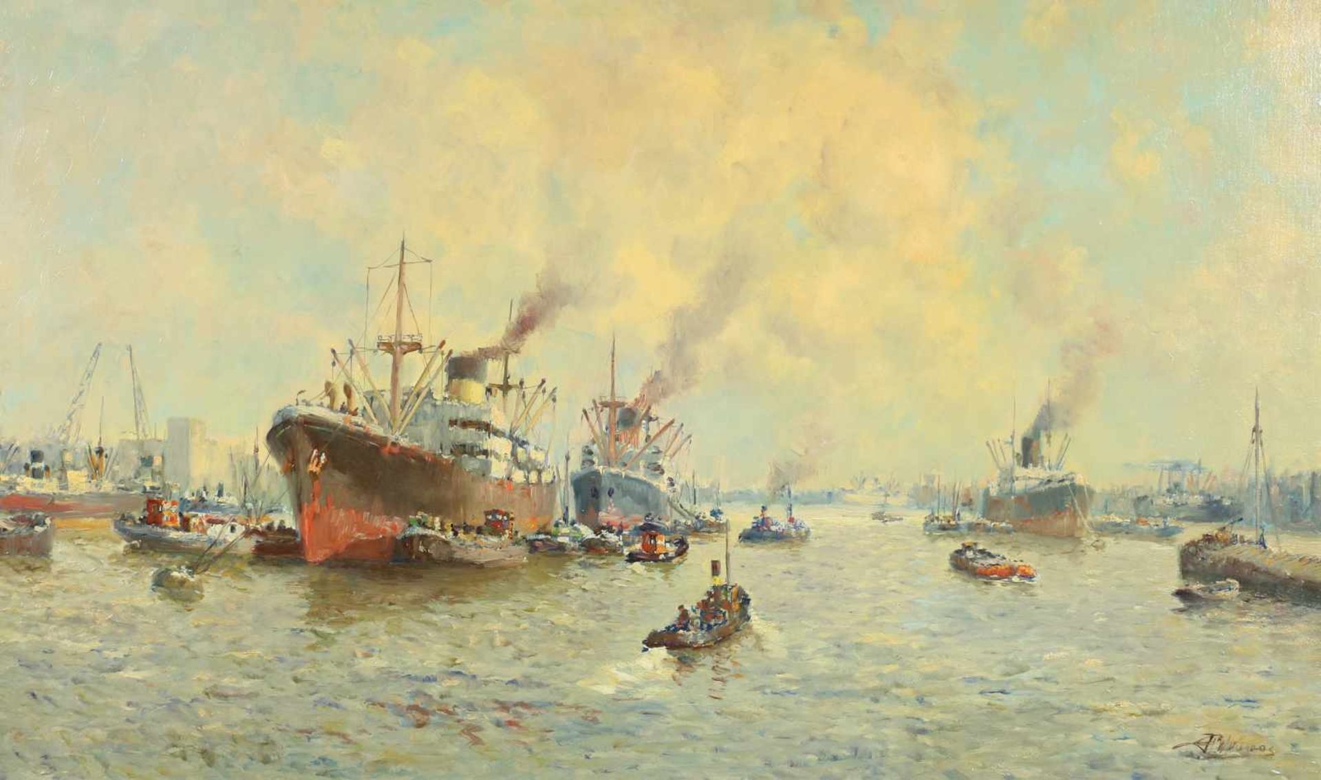 Joop Molenaar (Rotterdam 1914 - 1990).De haven van Rotterdam, gesigneerd (rechtsonder), 1e helft 20e