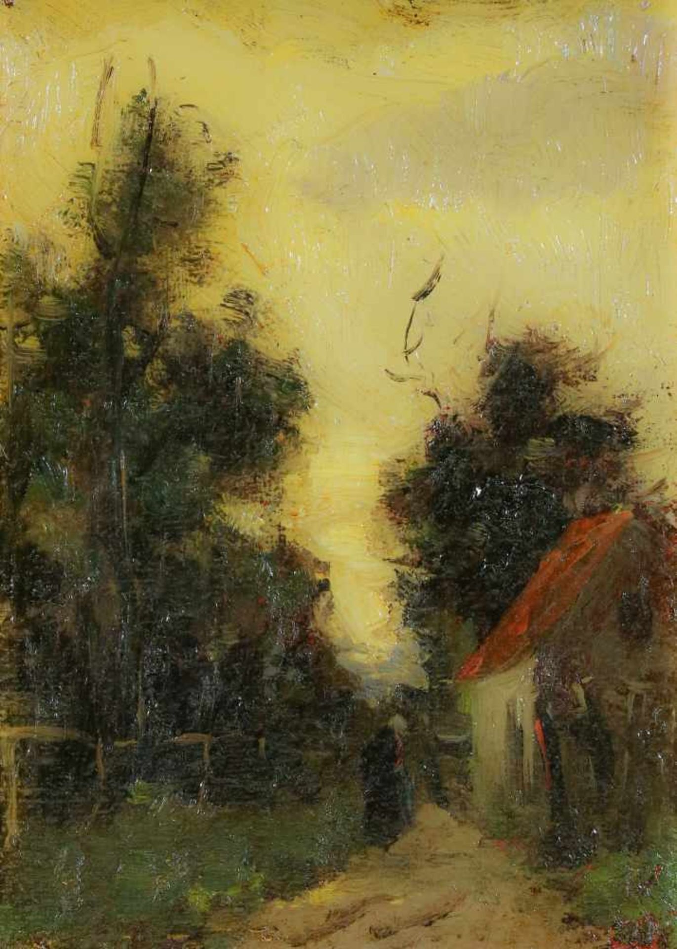 Mogelijk B.J. Blommers. Een huisje aan de rand van het bos, olieverf op paneel. Afm. 14,5 x 10,5 cm.