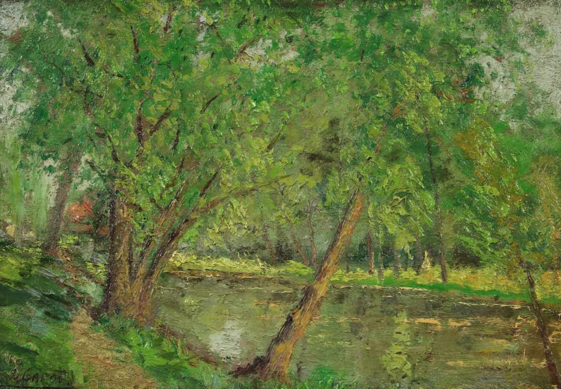 Louis Garot, 19e/20e eeuw. Bomen langs een rivier, gesigneerd olieverf op paneel, ca. 1900. Afm.