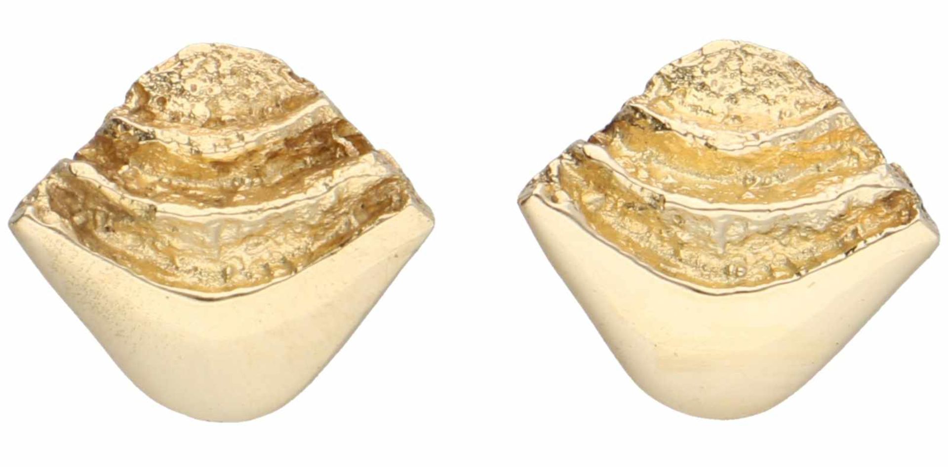 Geelgouden design oorbellen - 14 kt.LxB: 1 x 1,2 cm. Gewicht: 2 gram.Yellow gold earrings - 14 kt.