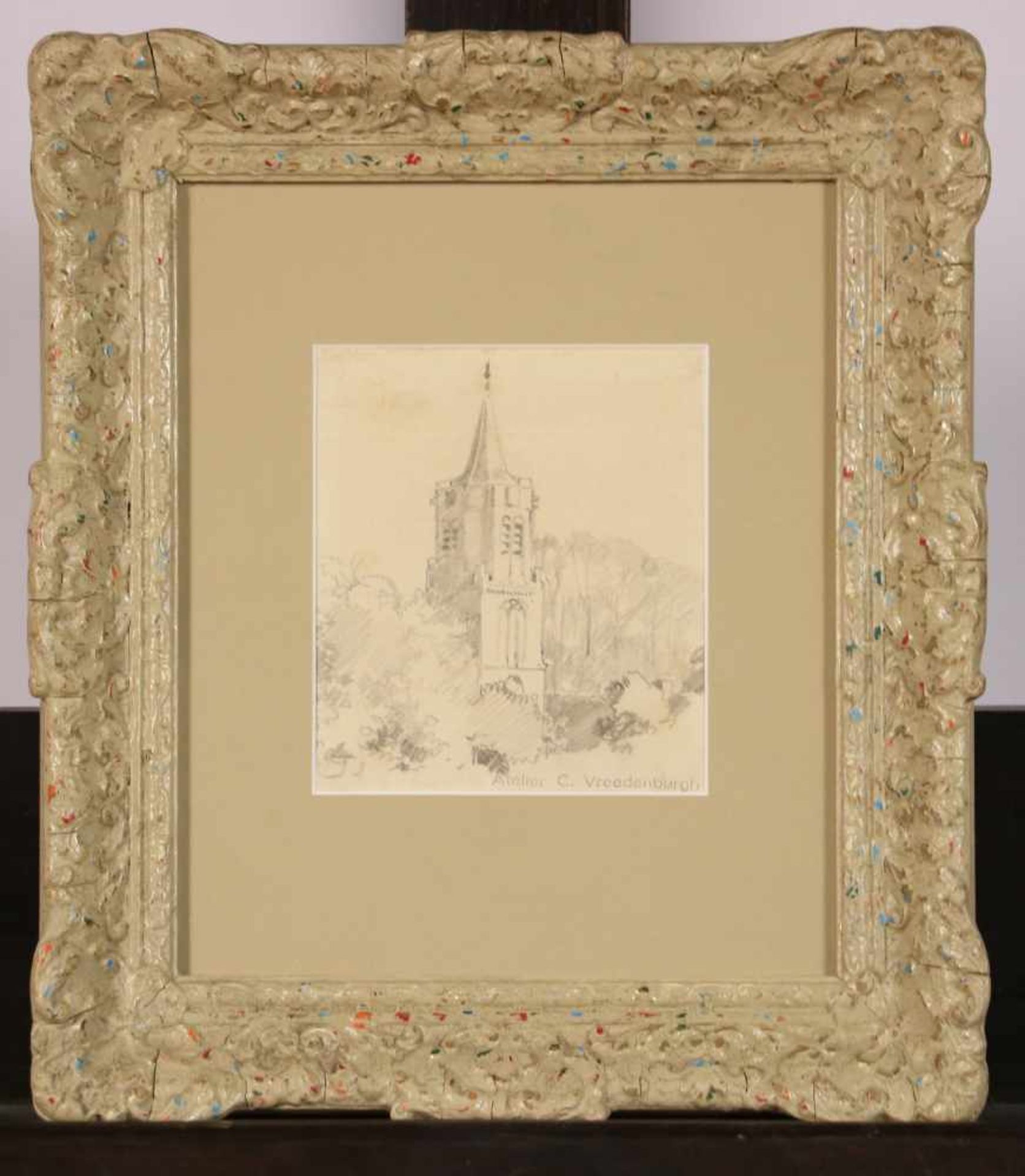 Cornelis Vreedenburgh (Woerden 1880 - 1946 Laren).Een kerktoren te Laren - een schets. Potlood op
