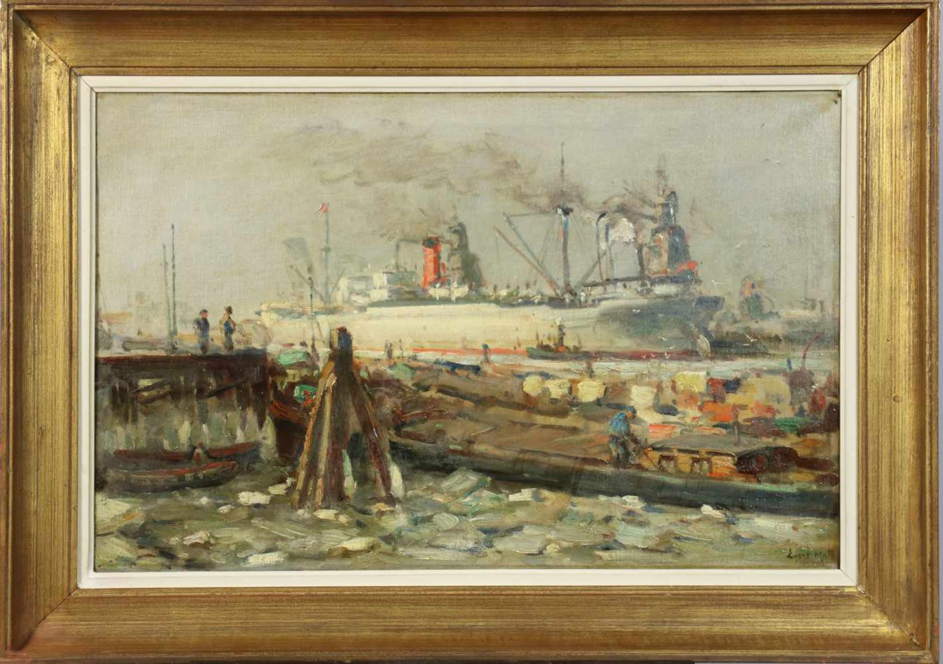 Evert Moll (Voorburg 1878 - 1955 Den Haag). Gezicht in de Rotterdamse haven met graanelevatoren, - Bild 2 aus 4