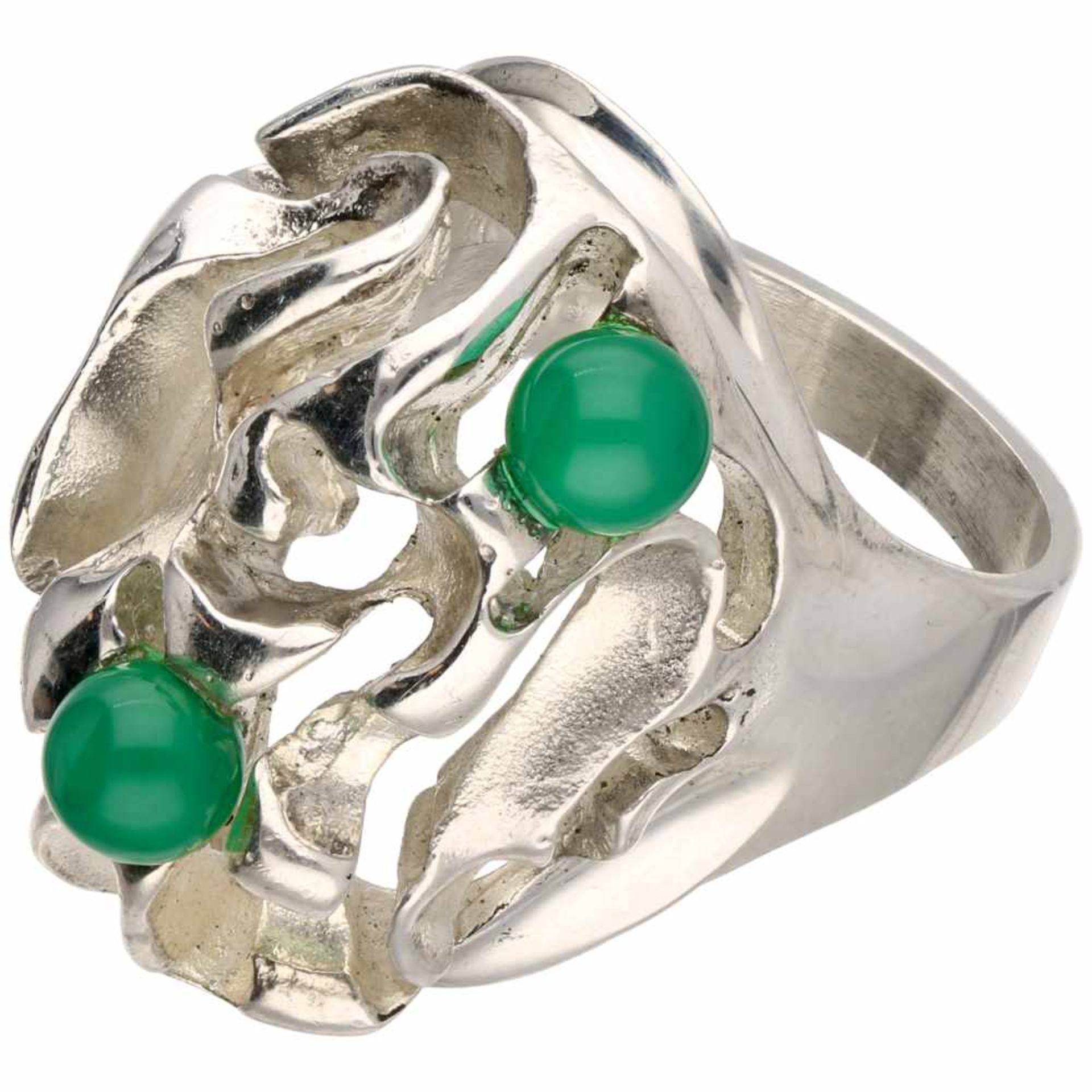 Zilveren design ring, chrysopraas - 925/1000.Denemarken. Ringmaat: 17,25 mm. Gewicht: 14,1 gram.