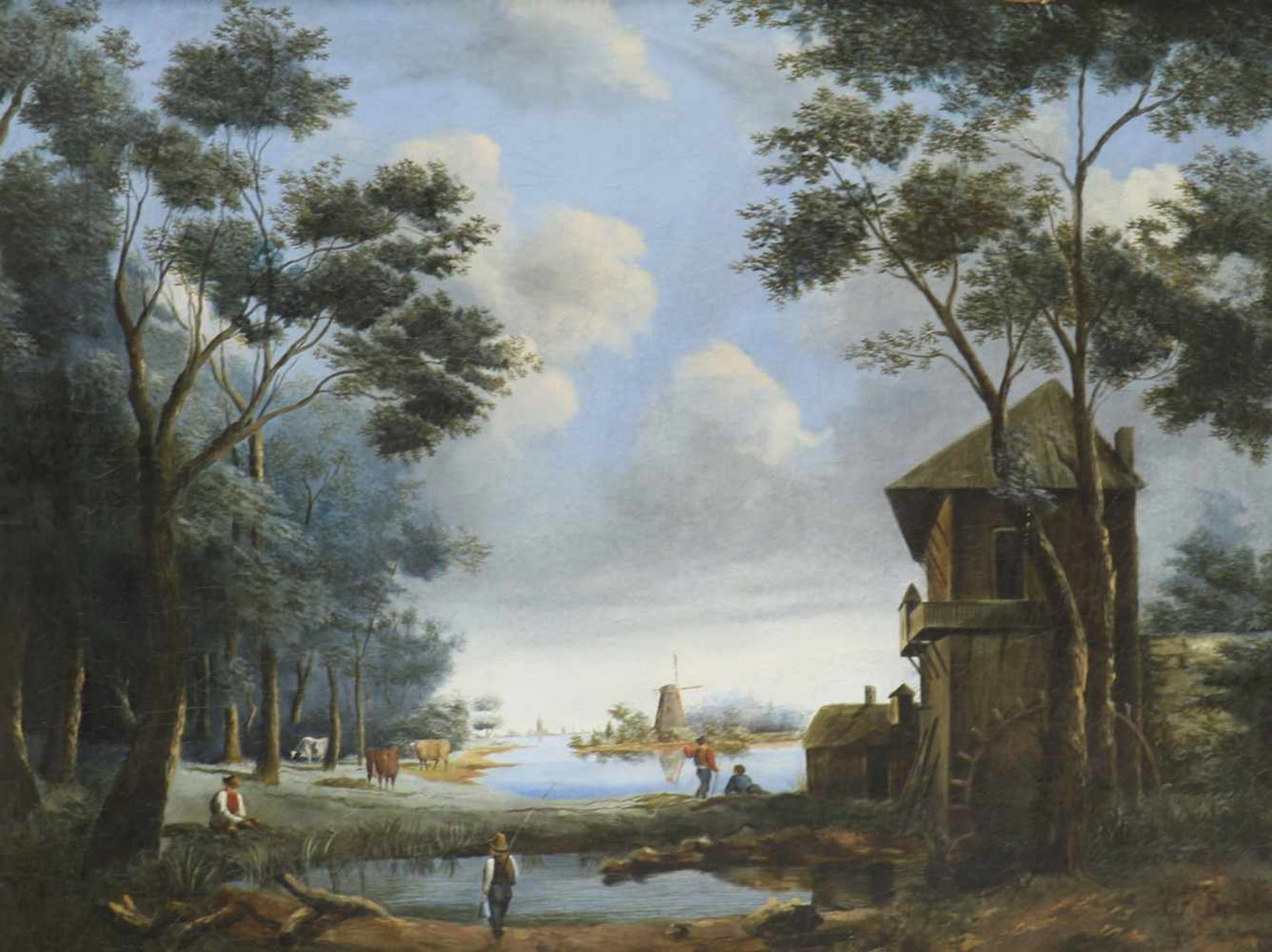 Hollandse School, 19e eeuw. Rivierlandschap met vissertjes, vermoedelijk een behangselfragment,