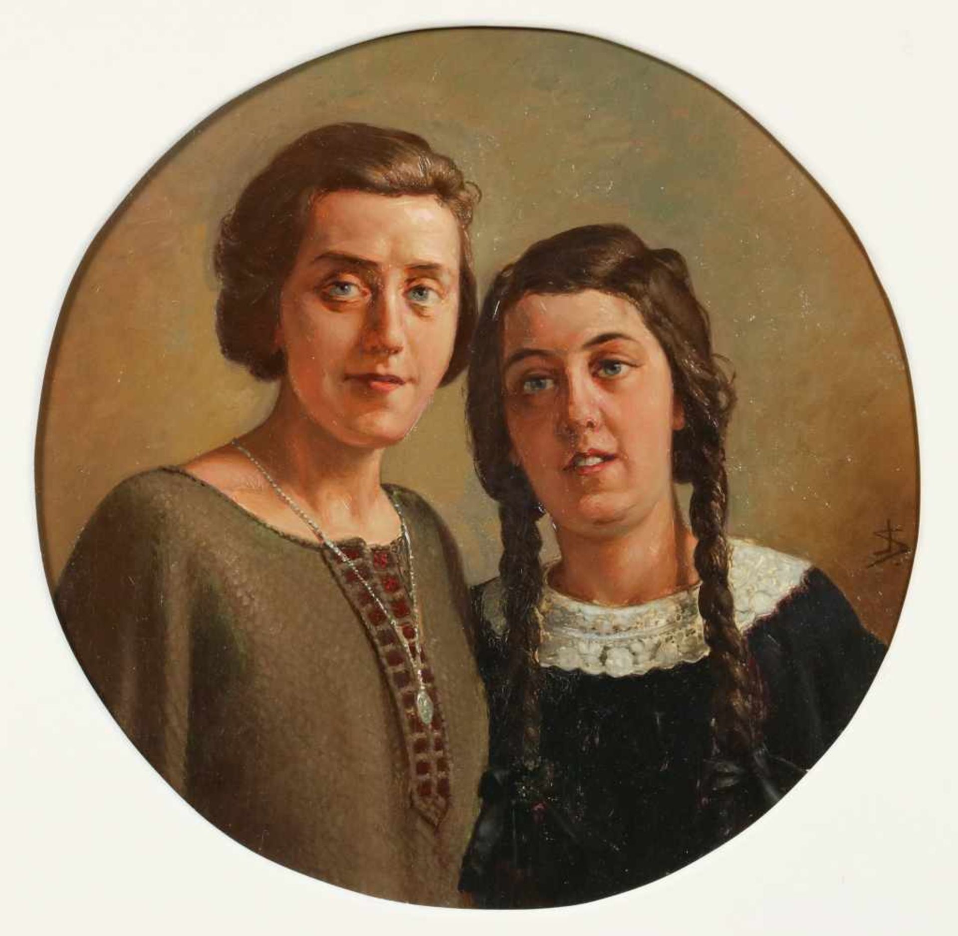 Hollandse School, ca. 1900. Een dubbelportret van moeder en dochter met monogram (rechts midden).