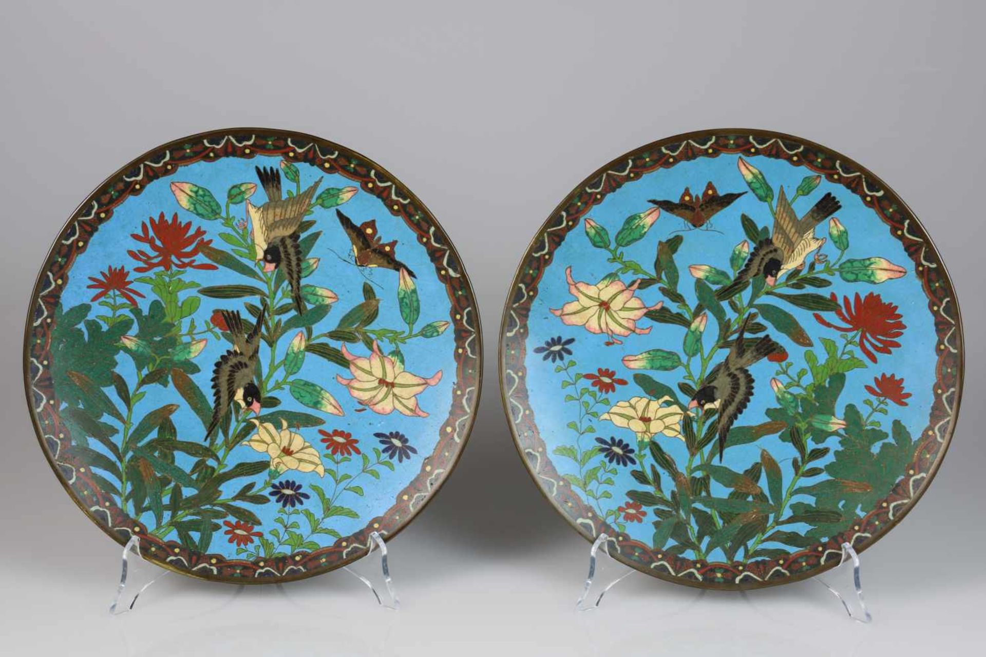 Een set van twee cloisonne schotels met decor van planten en vogels. Japan, 19e eeuw.Diam. 31 cm.