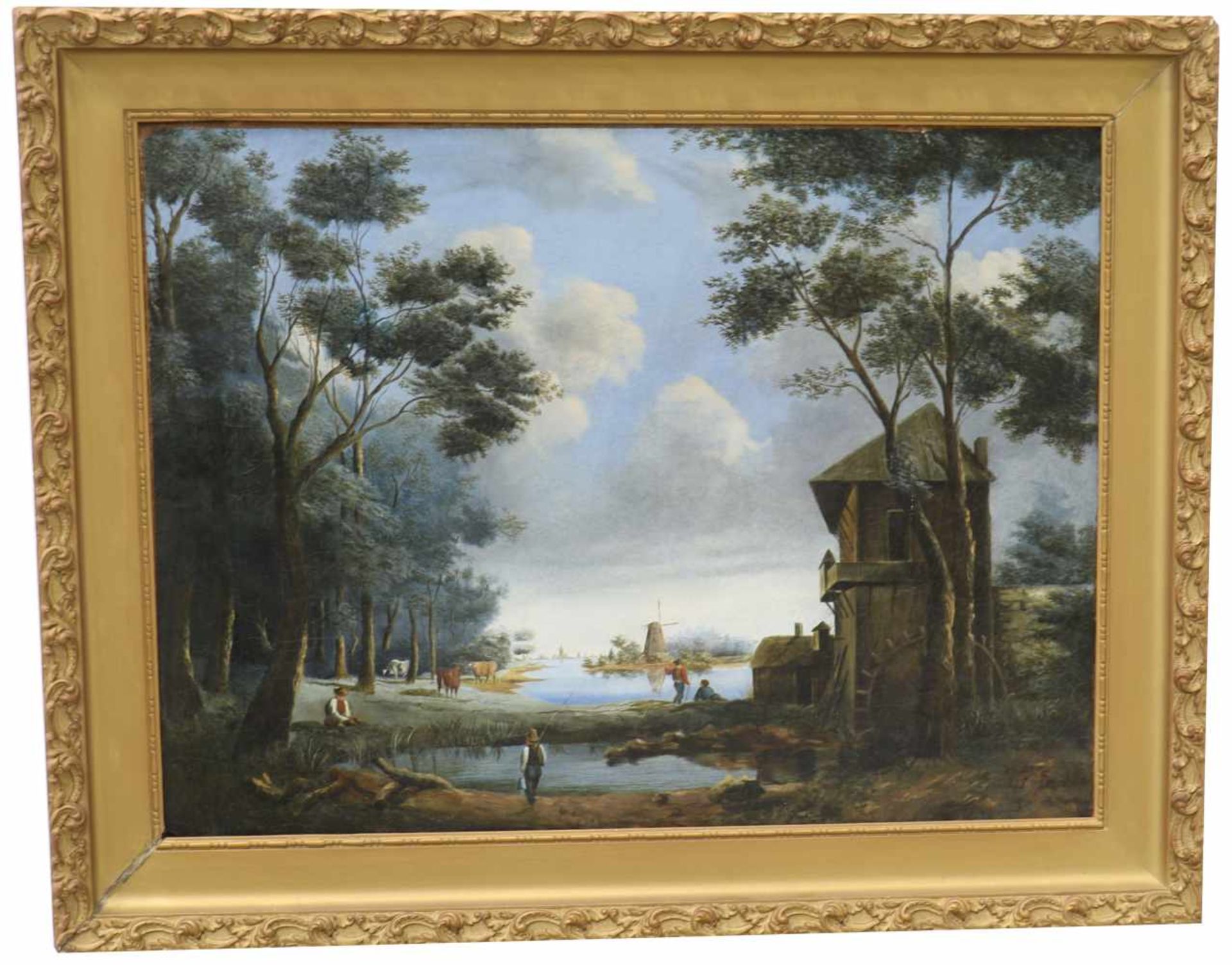 Hollandse School, 19e eeuw. Rivierlandschap met vissertjes, vermoedelijk een behangselfragment, - Bild 2 aus 2