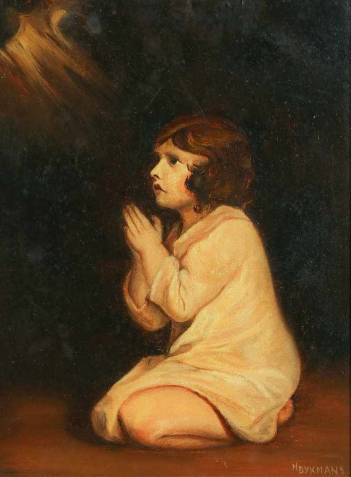 M. Dijkmans, 20e eeuw. Een biddend meisje, gesigneerd (rechtsonder), olieverf op board. Afm. 40 x 30