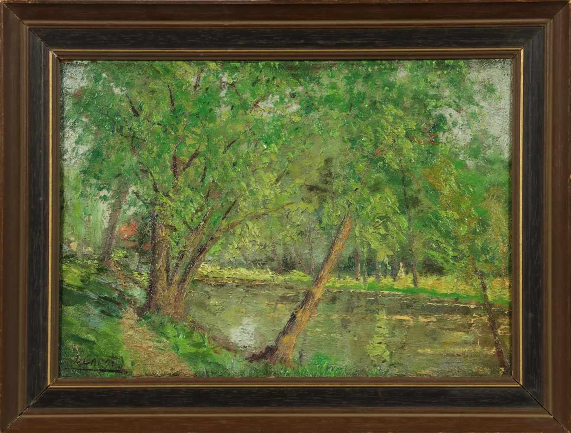 Louis Garot, 19e/20e eeuw. Bomen langs een rivier, gesigneerd olieverf op paneel, ca. 1900. Afm. - Bild 2 aus 4