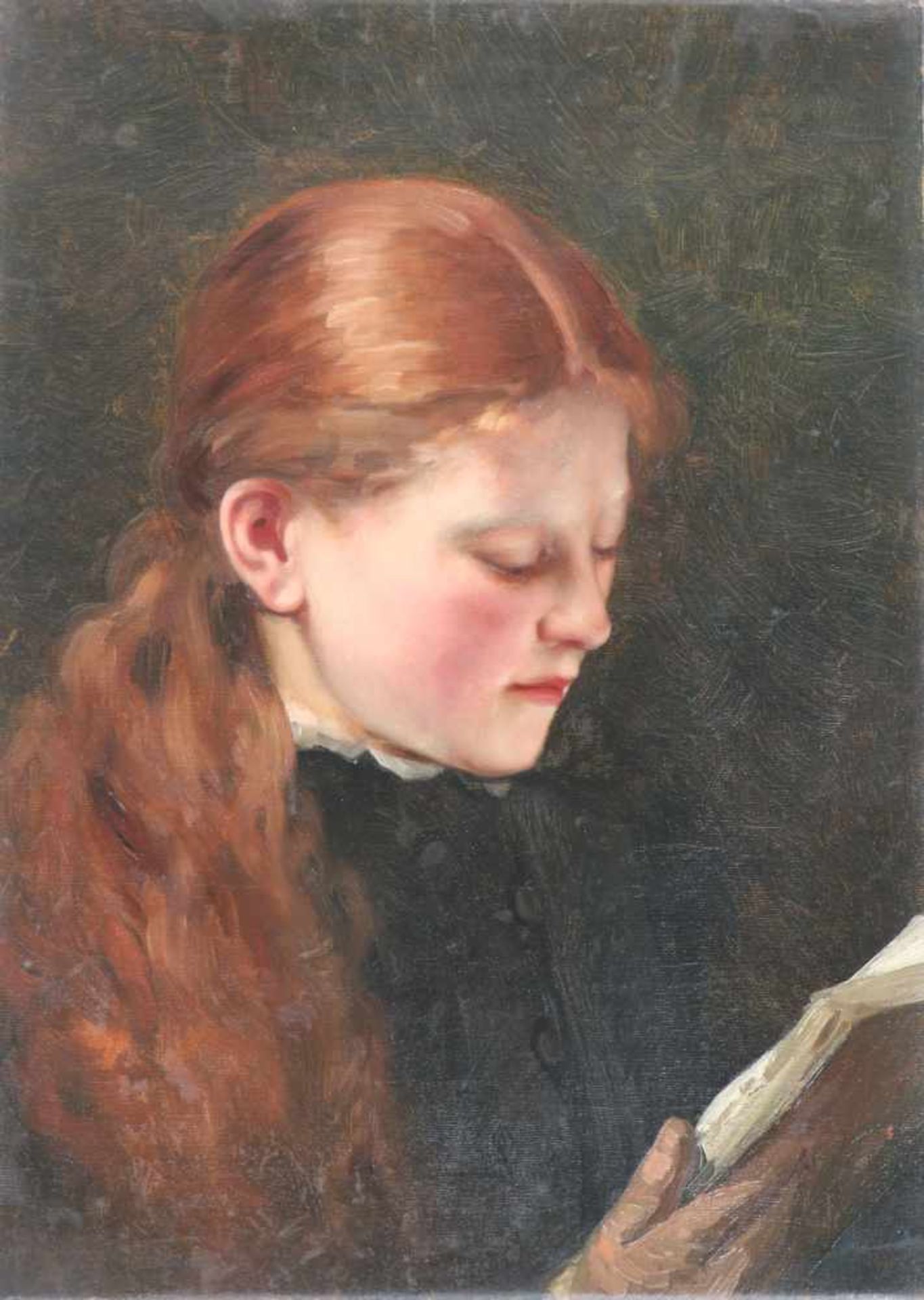 Toegeschreven aan G.H.A. Overman (1855 - 1906). Een lezend meisje met rood haar. Olieverf op doek,