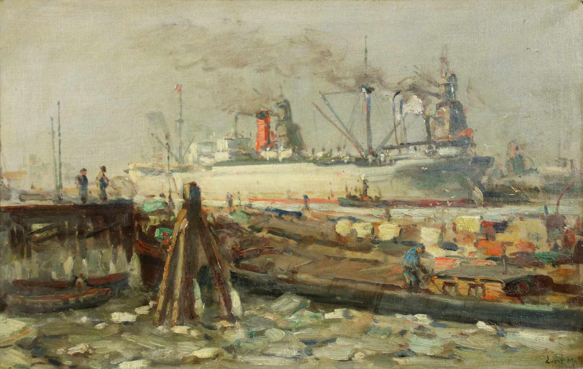 Evert Moll (Voorburg 1878 - 1955 Den Haag). Gezicht in de Rotterdamse haven met graanelevatoren,