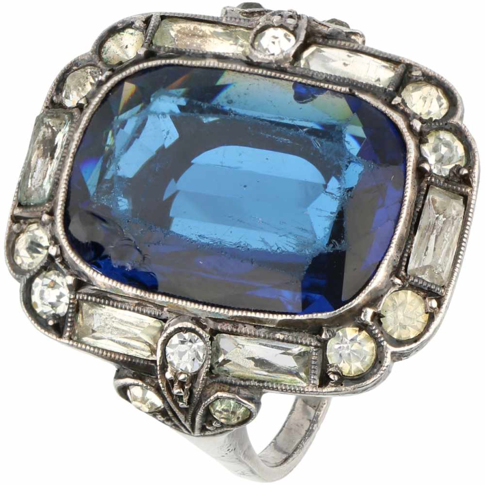 Franse zilveren ring, met blauw glas - 835/1000.