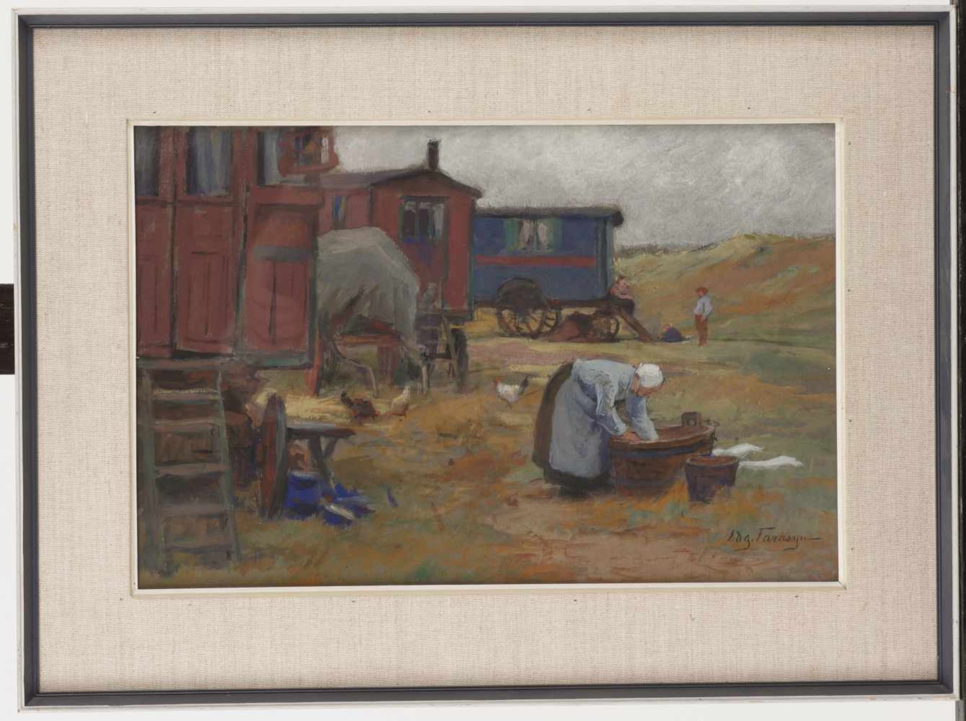 Edgar Farasyn (Antwerpen 1858 - 1938) , Een zigeunerkamp in de duinen, Katwijk aan Zee. - Image 5 of 5
