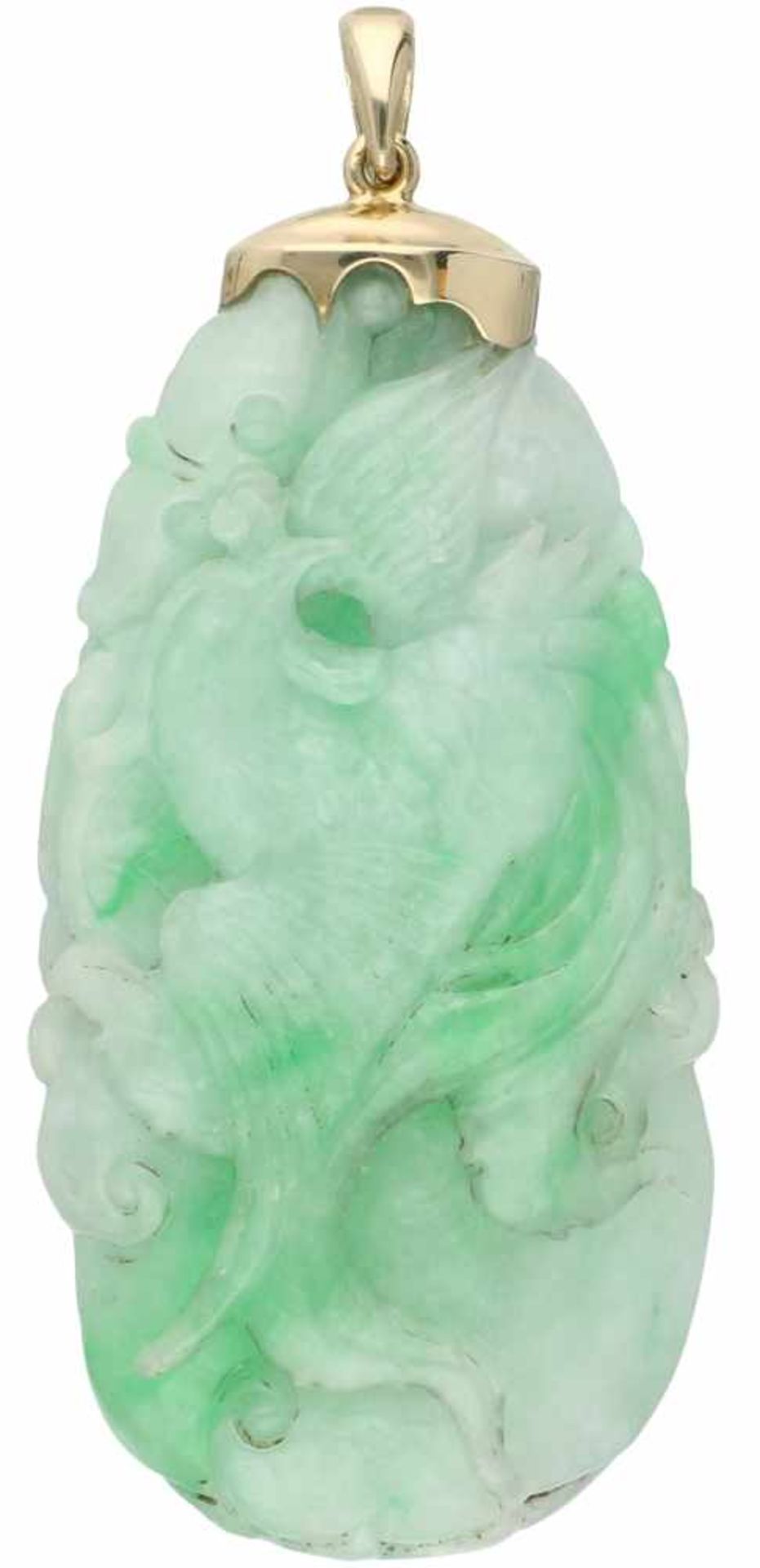 Grote hanger van gesneden jade met geelgouden montuur - 14 kt. - Bild 2 aus 3