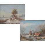 Hollandse School, 20e eeuw, Twee winterlandschapjes, olieverf op paneel.