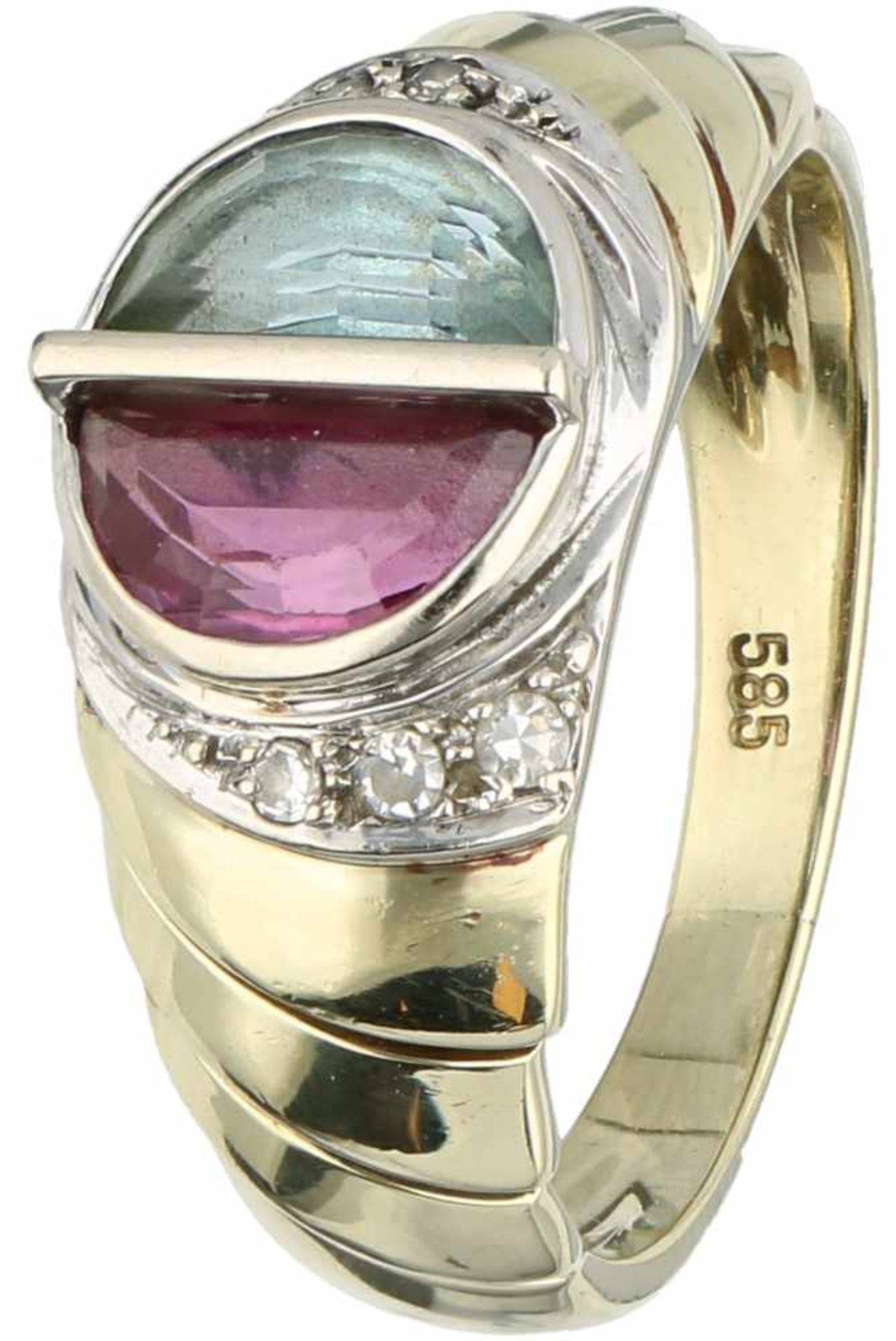 Geelgouden ring, met ca. 0.04 ct. diamant en gekleurd glas - 14 kt.