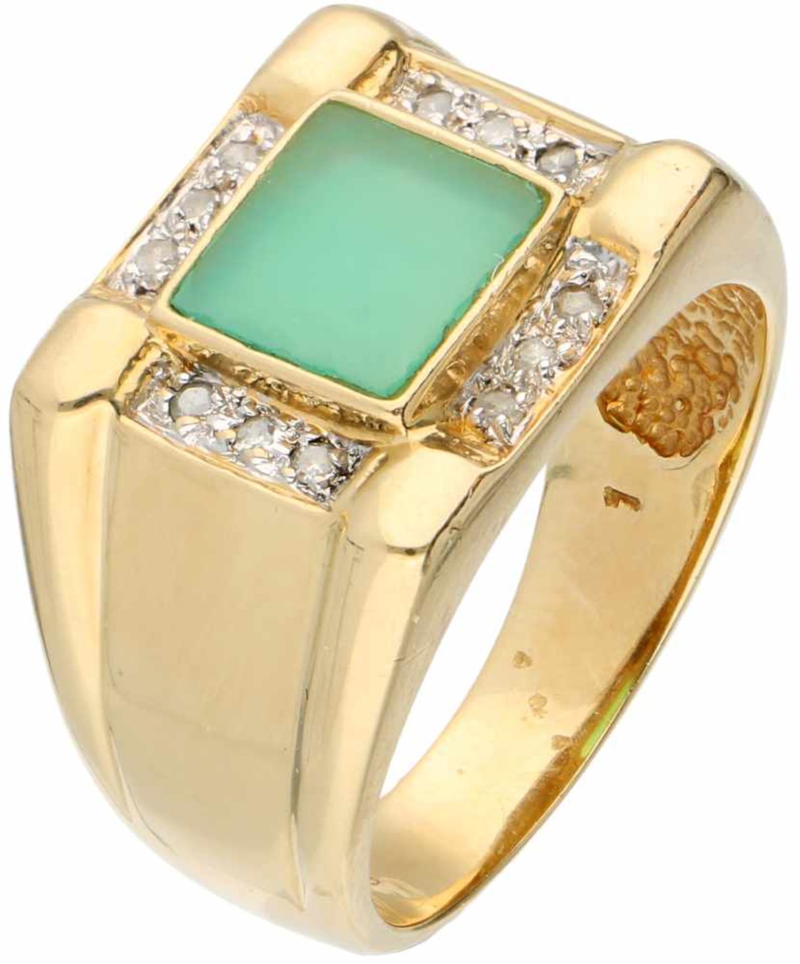 Geelgouden zegelring, met ca. 0.08 ct. diamant en chrysopraas - 14 kt.