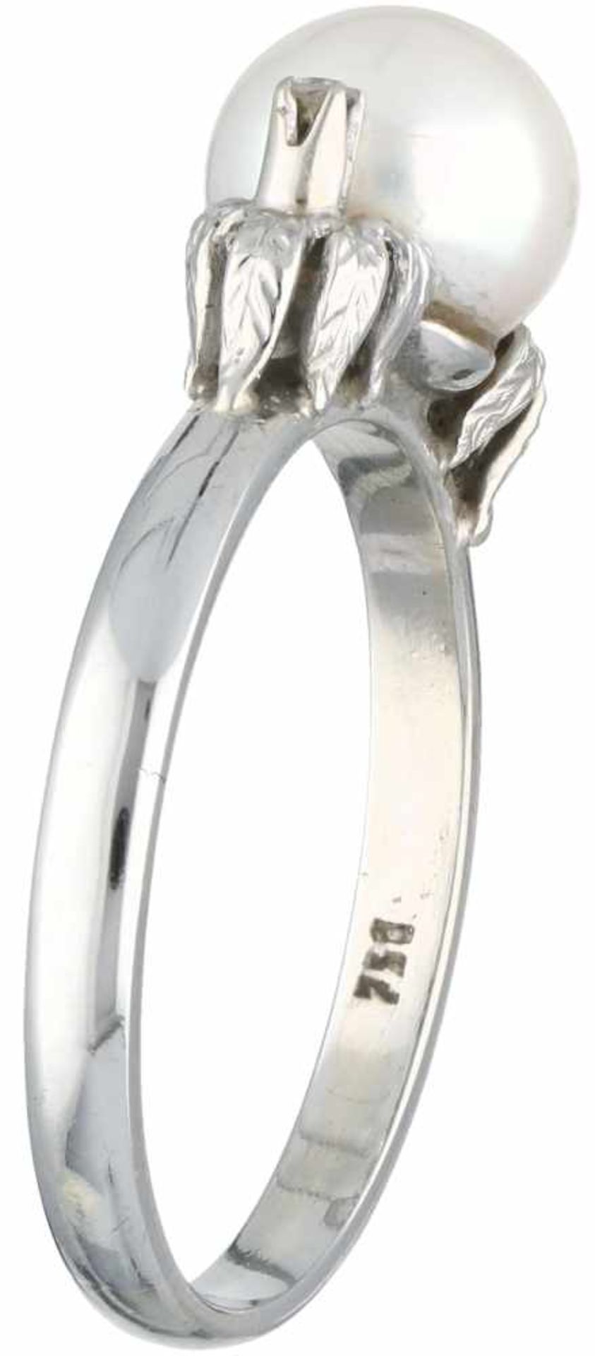 Witgouden ring, met ca. 0.02 ct. diamant en cultivé parel - 18 kt. - Bild 2 aus 2