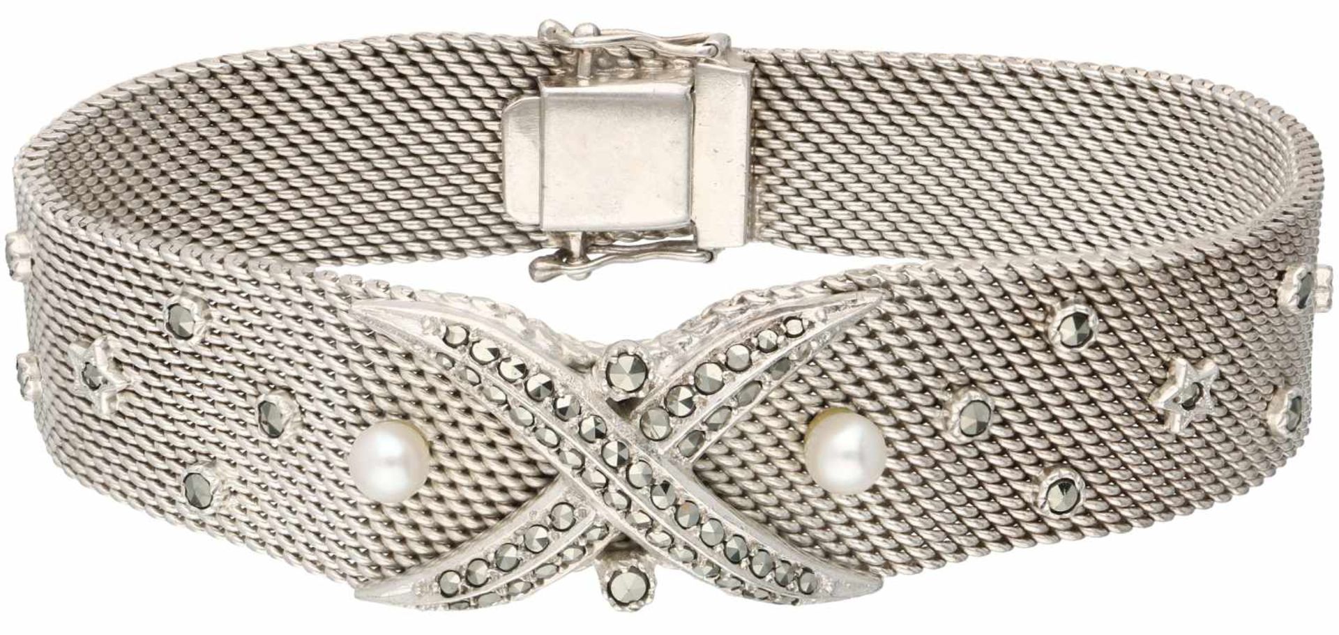Zilveren armband, met markasiet en cultivé parel - 835/1000.