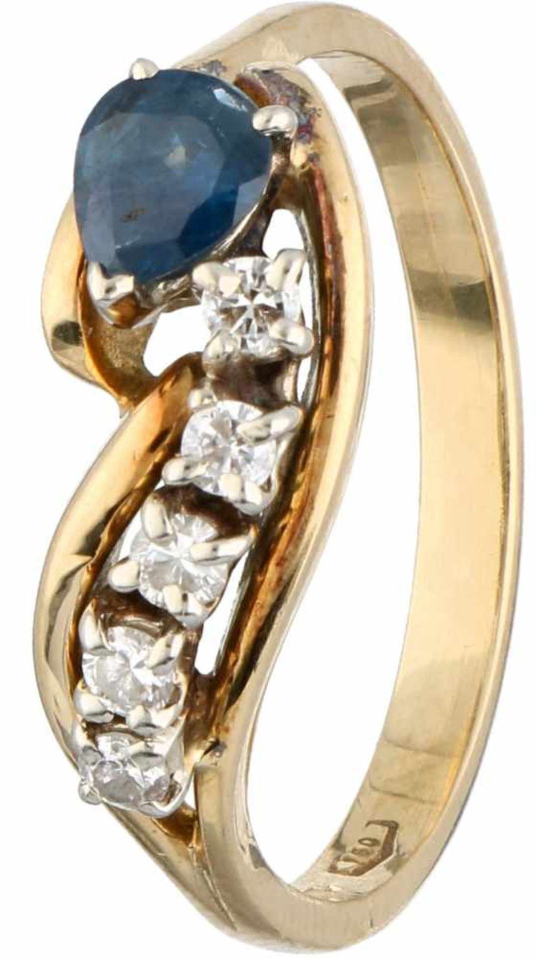 Geelgouden ring, met ca. 0.10 ct. diamant en natuurlijke saffier - 18 kt.